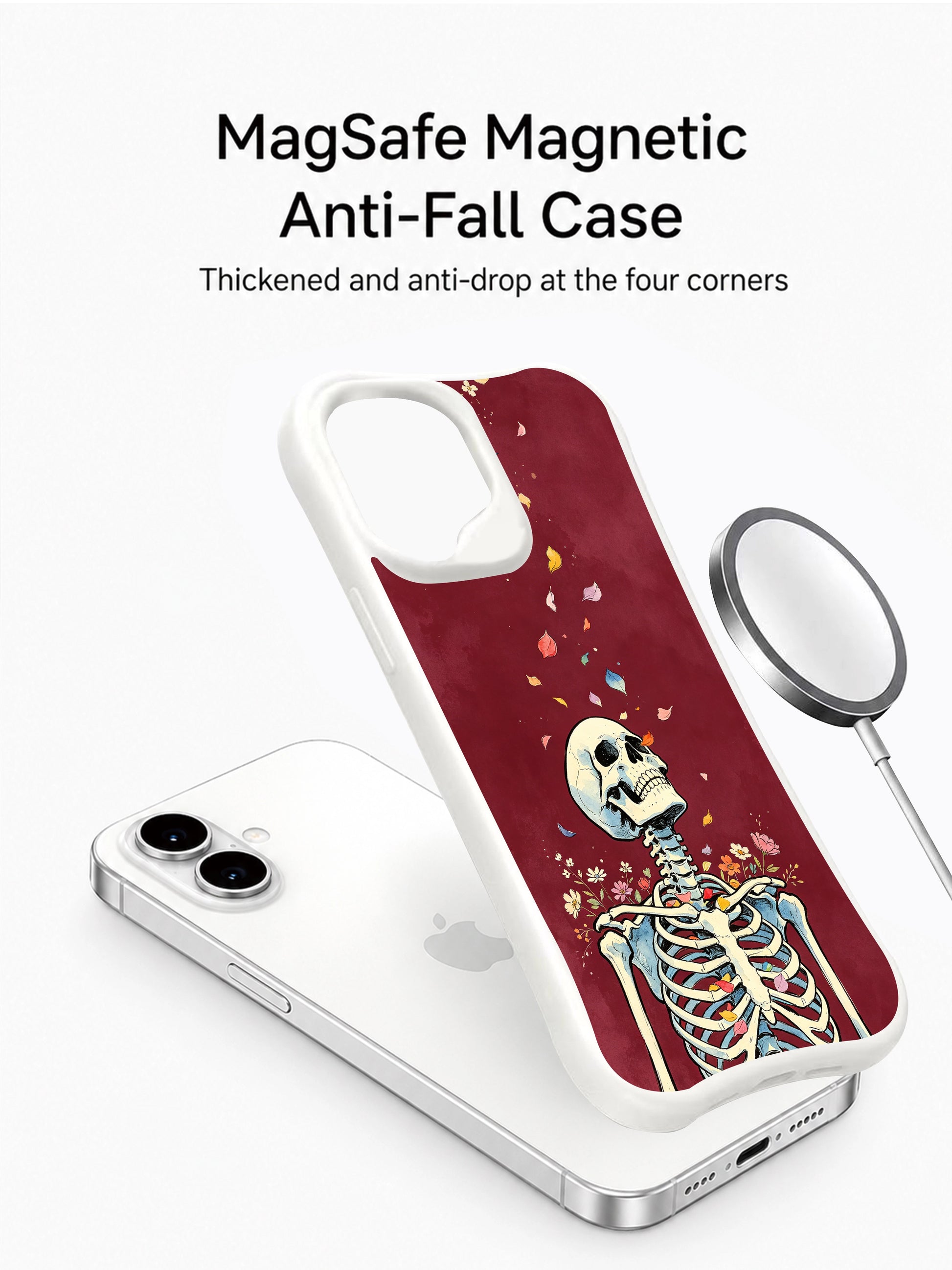 PhoneCasing spiritual petal-float goth art iPhone 16 Case, hand-drawn watercolor skeleton torso surrounded by floating multicolor petals, antimicrobial smooth finish durable iPhone 16 casing
