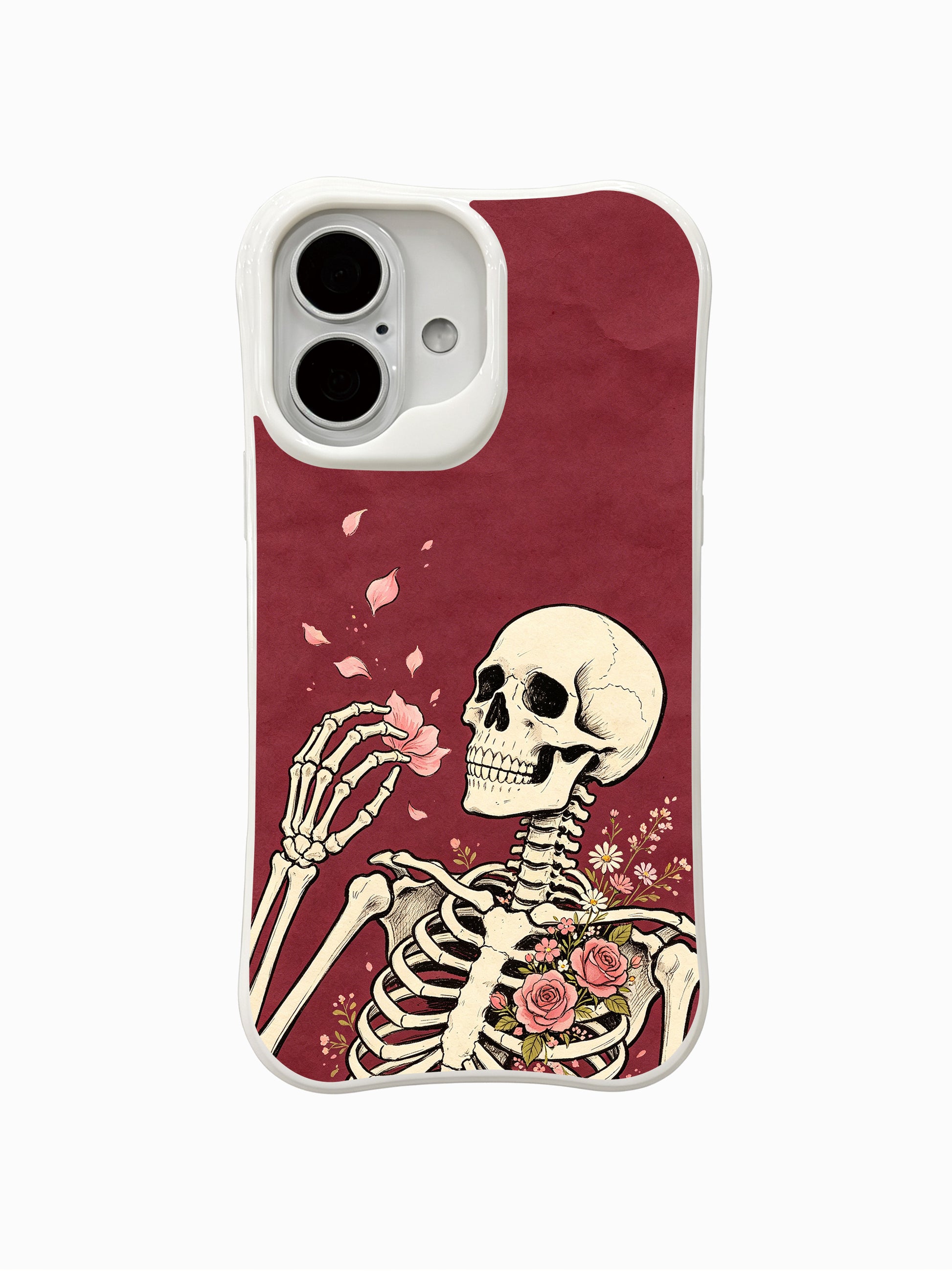 PhoneCasing Petal Letter fine art iPhone 16 Case, original Morrigan Vale old-school goth tattoo artwork with pink rose petals & chest rose blooms on distressed burgundy backdrop, scratch resistant glossy casing crafted in California