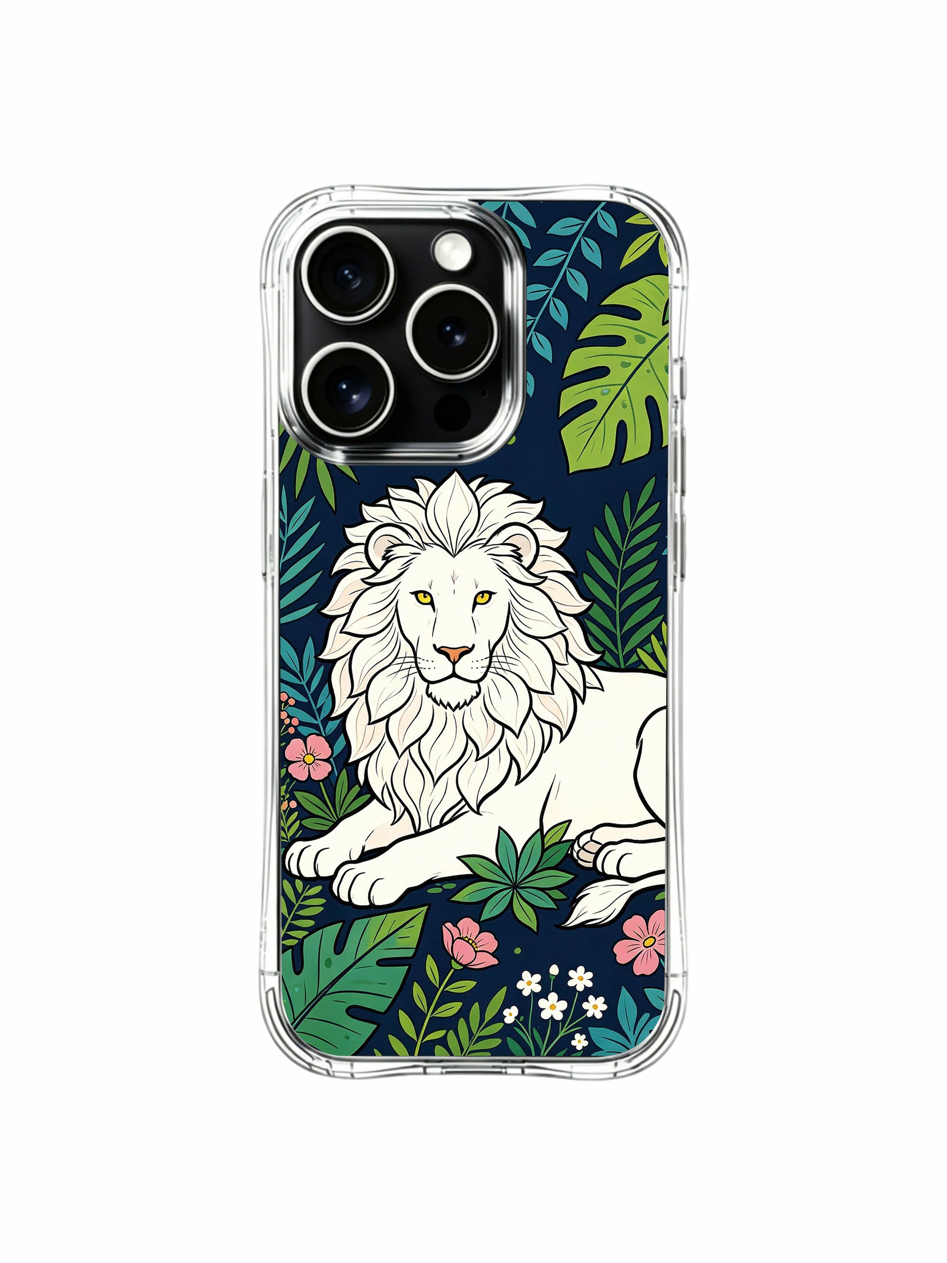 Delicate petal-shaped fluffy white lion mane standing out amid lush tropical garden iPhone 13 pro Case from PhoneCasing, wear-resistant glossy iPhone 13 pro casing, quiet unshakable strength wildlife art phone cover.