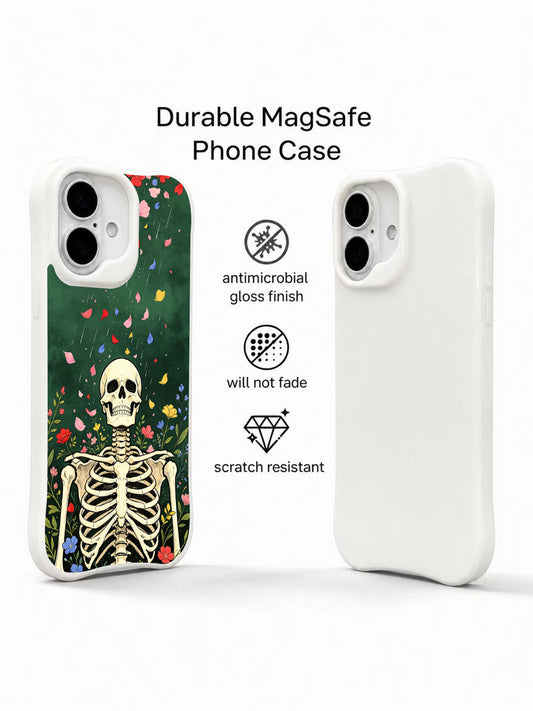 PhoneCasing Petal Rain goth skeleton iPhone 16 Case, vintage traditional tattoo artwork with colorful wild blossoms falling down around skeletal torso, fade resistant anti-drop protective iPhone 16 cover