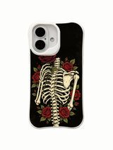 PhoneCasing petal vow dark cage skeleton iPhone 16 Case, rich burgundy roses growing alongside rib bones with subtle vintage texture on dark base, UV-printed durable daily-use iPhone 16 casing