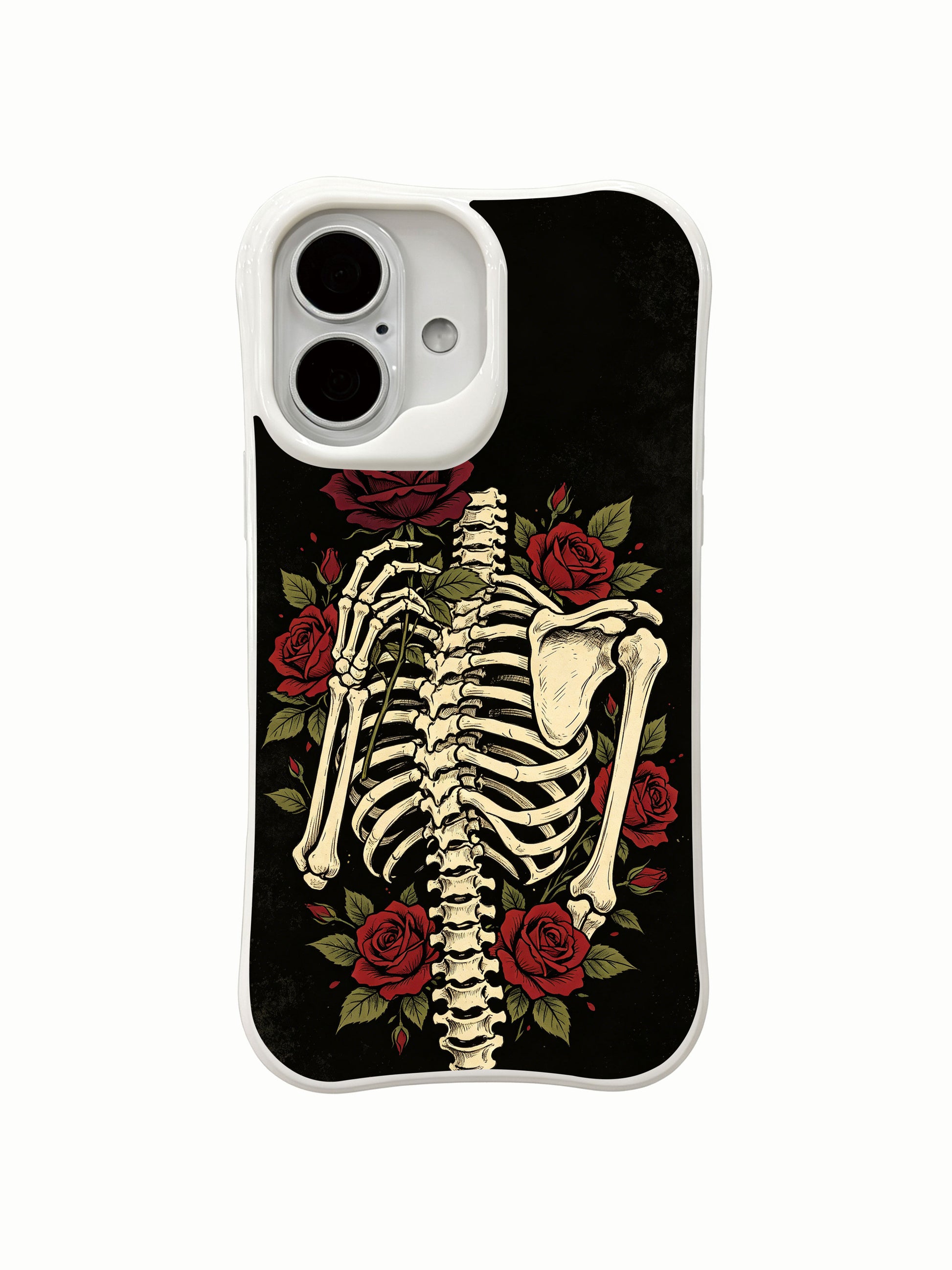 PhoneCasing petal vow dark cage skeleton iPhone 16 Case, rich burgundy roses growing alongside rib bones with subtle vintage texture on dark base, fade resistant durable daily-use iPhone 16 casing