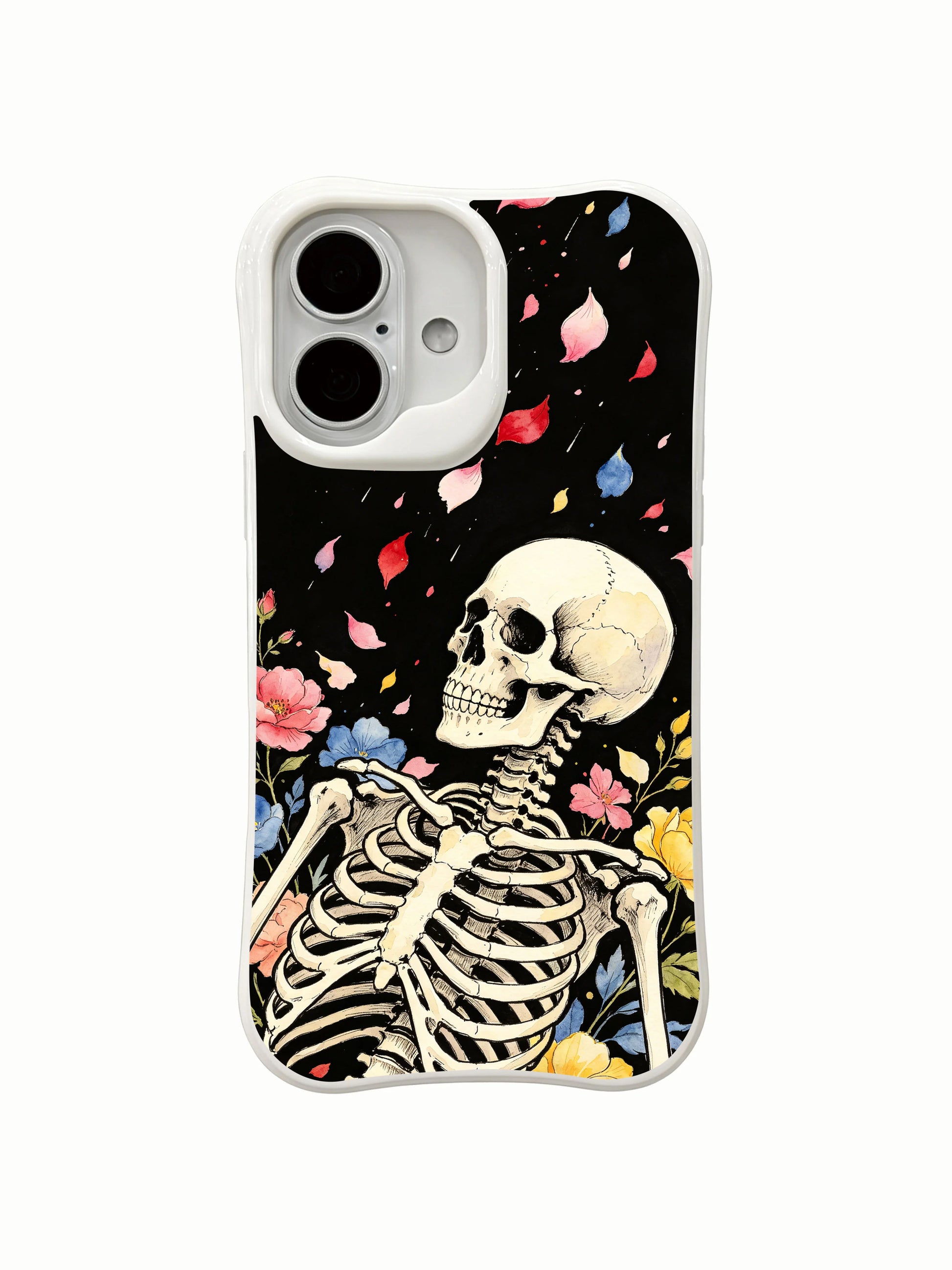 PhoneCasing Petaldrop Thorax Nursery skeleton iPhone 16 Case, airy seasonal mixed blooms drifting beside rib bones with vintage worn black backdrop, fade resistant durable daily-use iPhone 16 casing