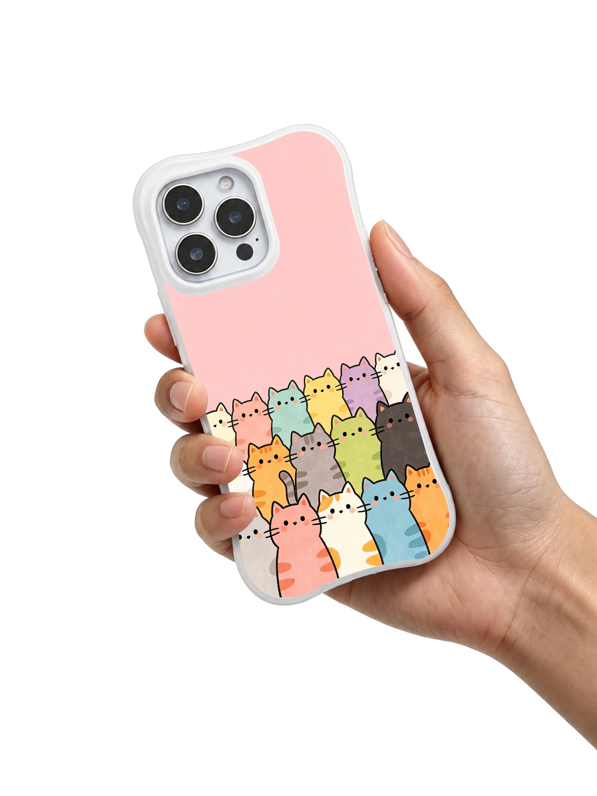 PhoneCasing iPhone 16 Pro Max with Pink Background Colorful Kittens, lively cats in bright pastel shades peeking up from the bottom.