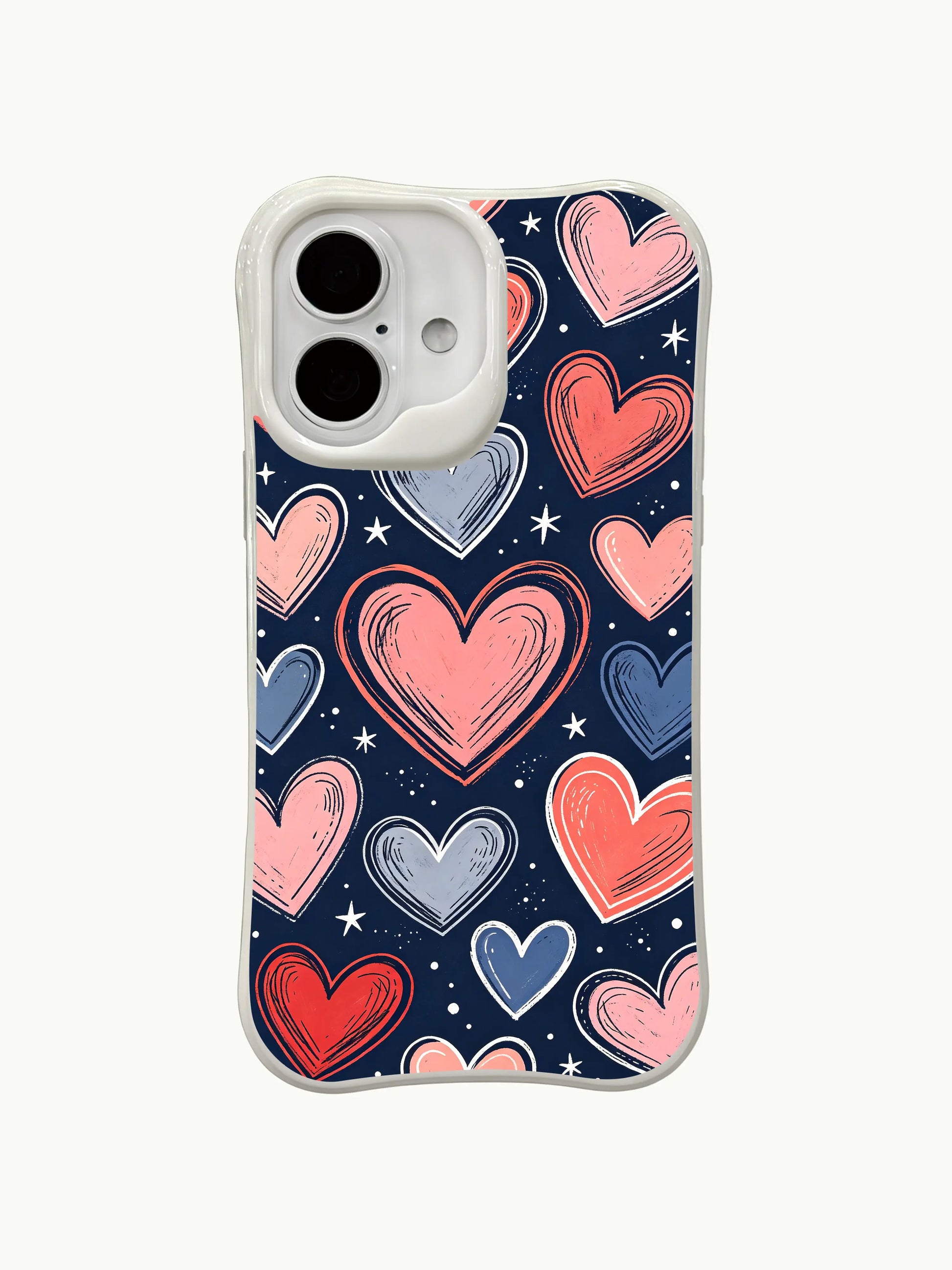 PhoneCasing pink blue night hearts iPhone 16 plus case, soft pastel hearts on a deep blue backdrop, stylish case for women.