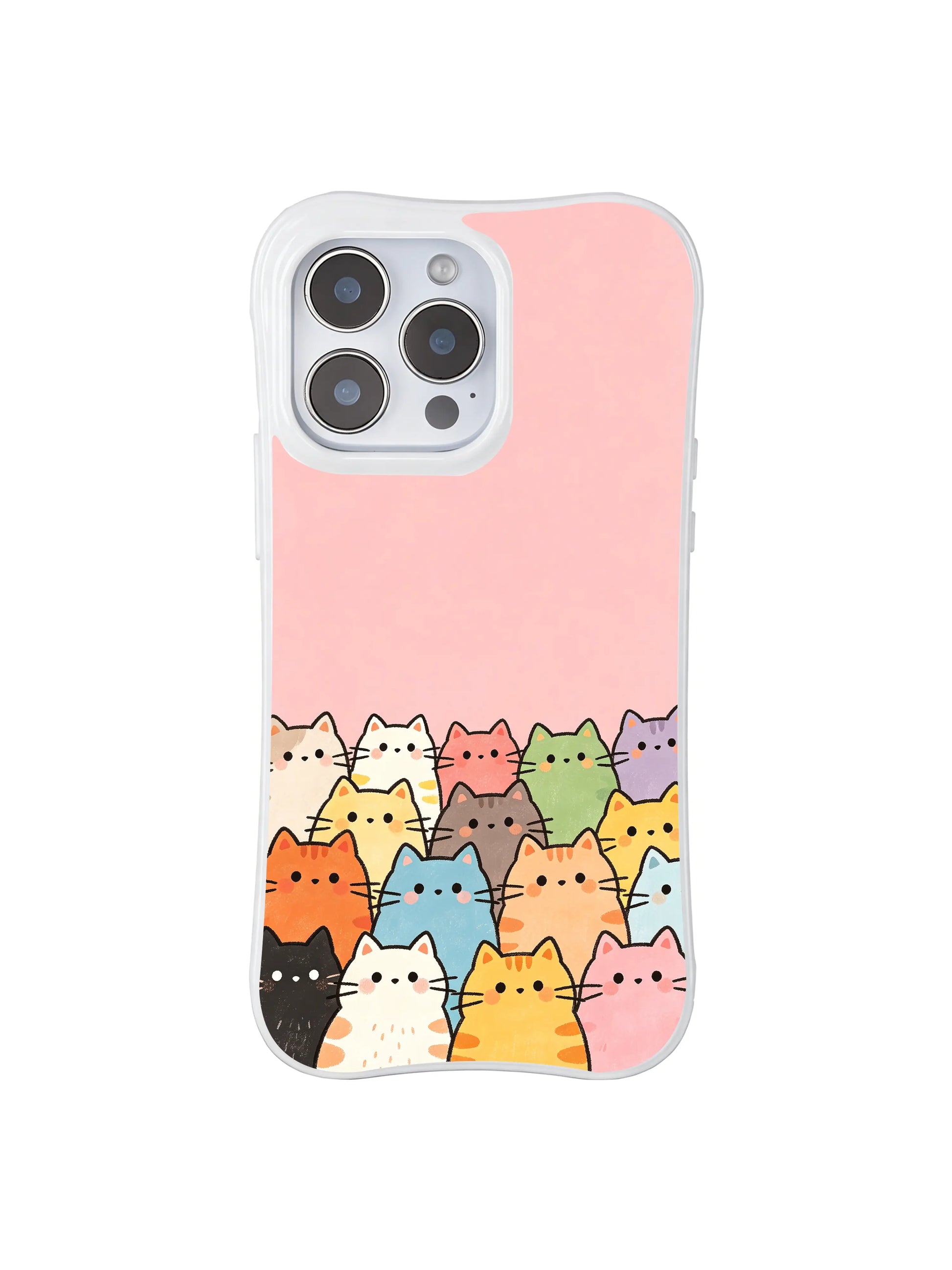 PhoneCasing iPhone 16 Pro Max featuring Pink Cat Apartment art by Mimi Colorfield, colorful cats peeking from the bottom against a soft pink background.