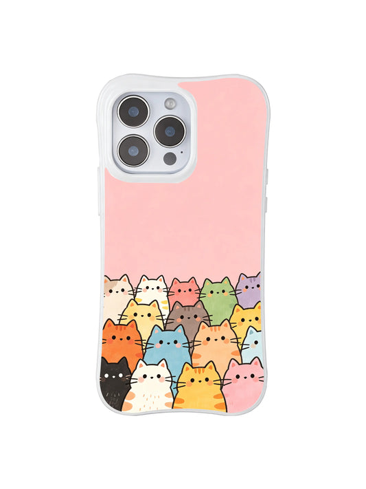 PhoneCasing iPhone 16 Pro Max featuring Pink Cat Apartment art by Mimi Colorfield, colorful cats peeking from the bottom against a soft pink background.