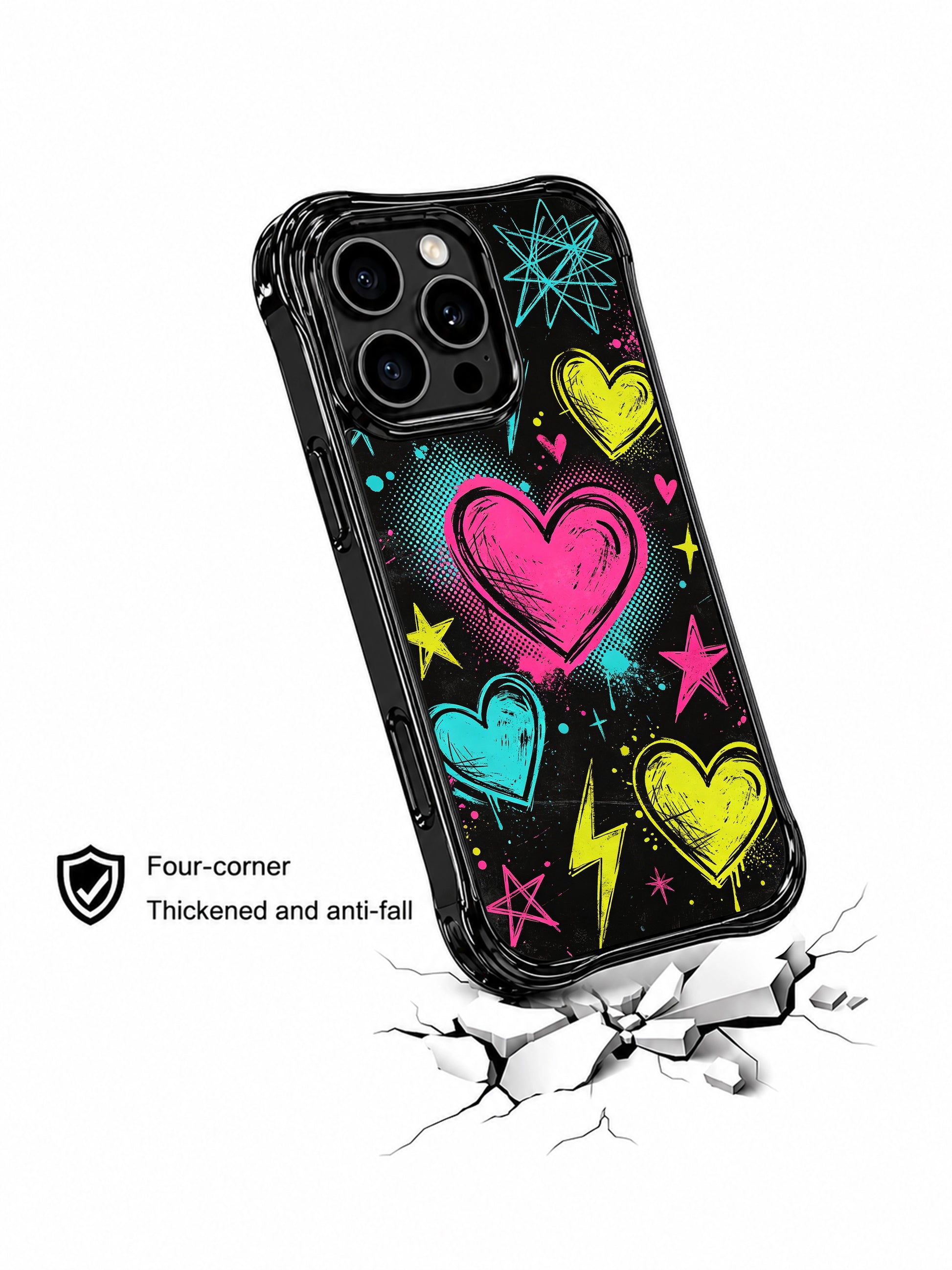 PhoneCasing iPhone 13 Pro Max case with glowing neon pink and cyan punk sweetheart doodles, tiny lightning bolt star print, edgy scratch-resistant phone cover.