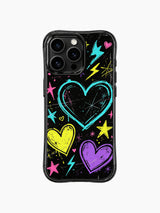 Trendy PhoneCasing iPhone 13 Pro Max case with chaotic hand drawn rebel heart graffiti, multi-color star and thunder splatter texture, retro teen streetwear casing