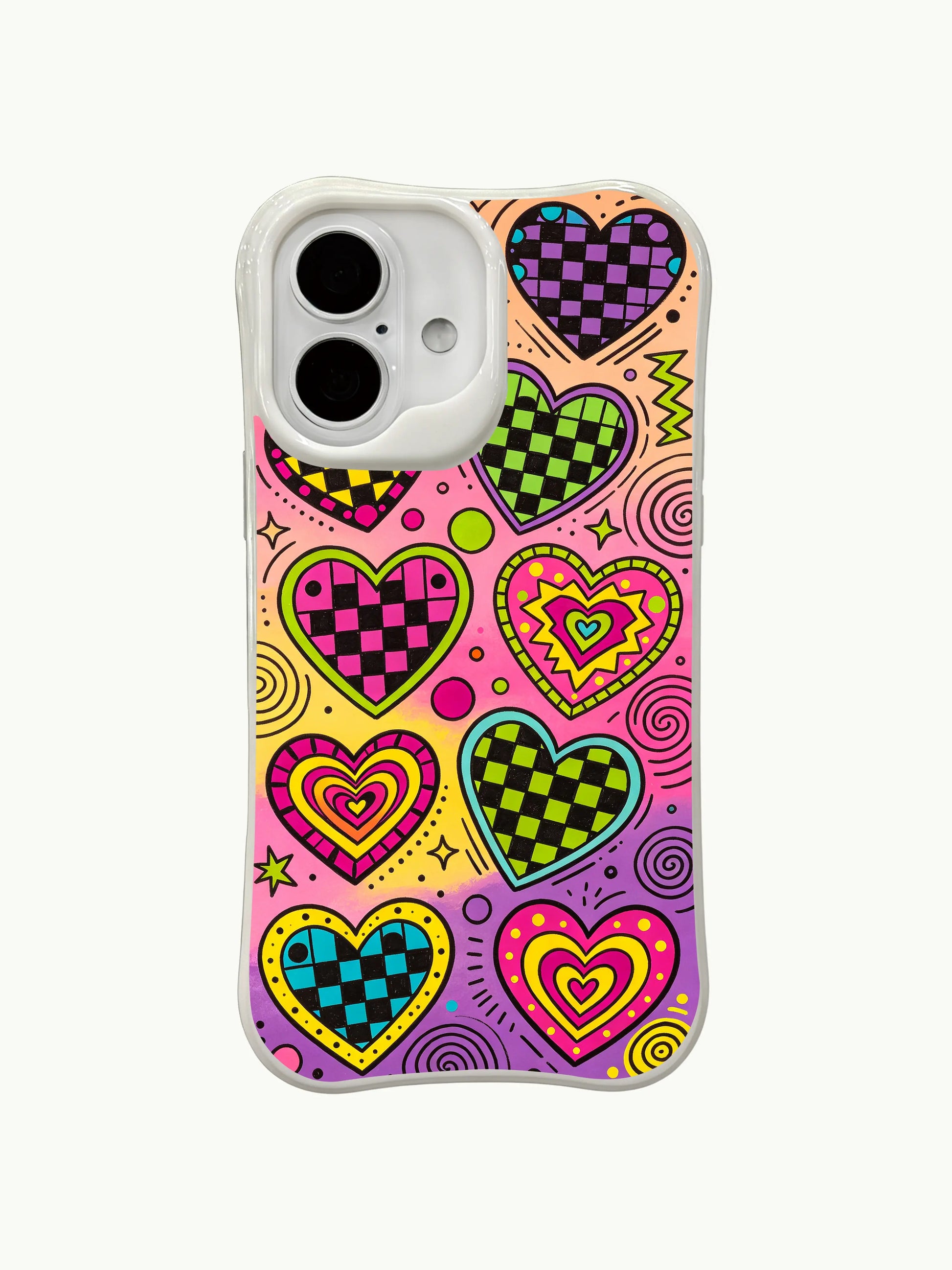 PhoneCasing Pink Green Heart Mosaic Case for iPhone 16 Plus, a bold iPhone 16 plus casing with neon geometric hearts and peach gradient background.