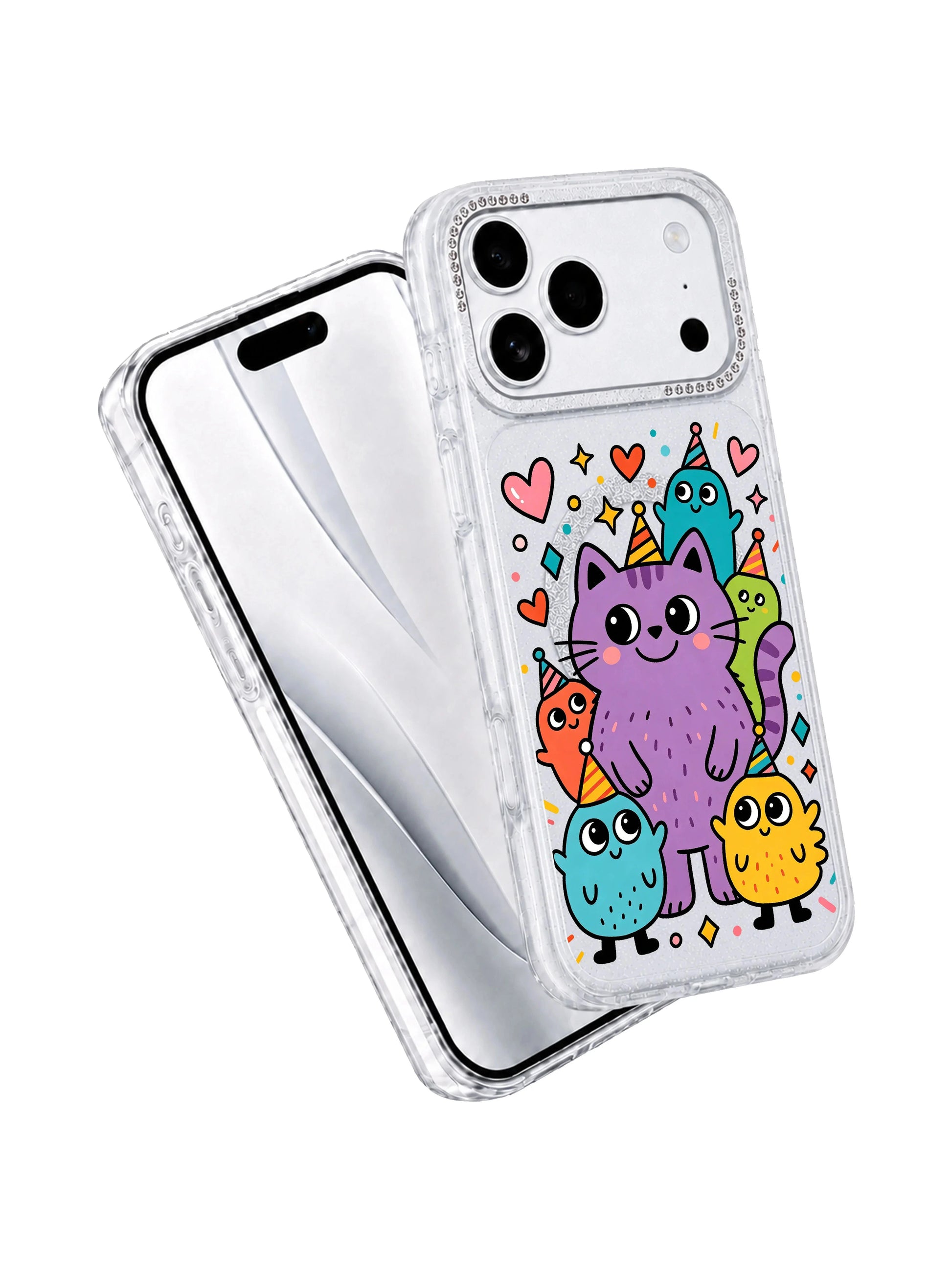 PhoneCasing dual split device fold mockup showcasing Pink Hat Purple Cat iPhone 17 Pro Max case, translucent glitter iPhone 17 Pro Max casing matched with bare silver iPhone 17 Pro Max frame, full friendly monster print coverage