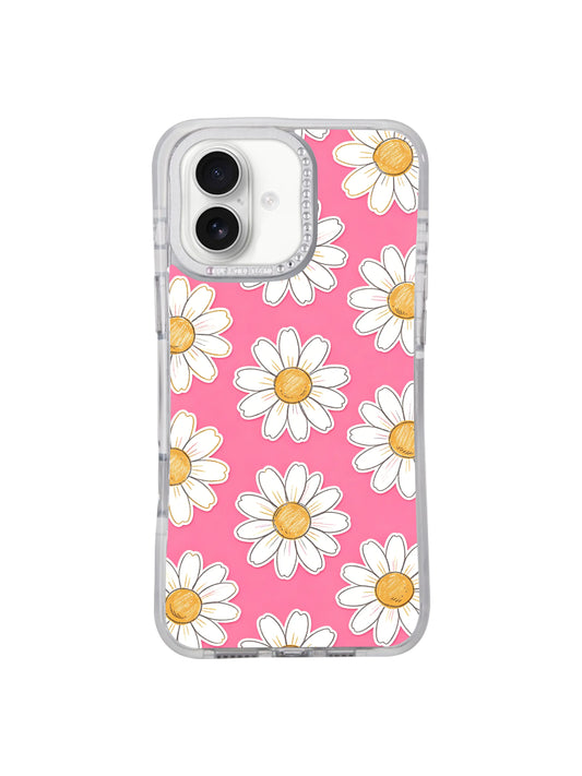 PhoneCasing exclusive Pink Joy Daisy Field iPhone 17 casing, hand-drawn joyful daisy fine art by floral artist Solea Meadow, bright bubblegum pink backdrop with textured golden flower centers, museum-grade print crafted at our California atelier for coquette aesthetic women.