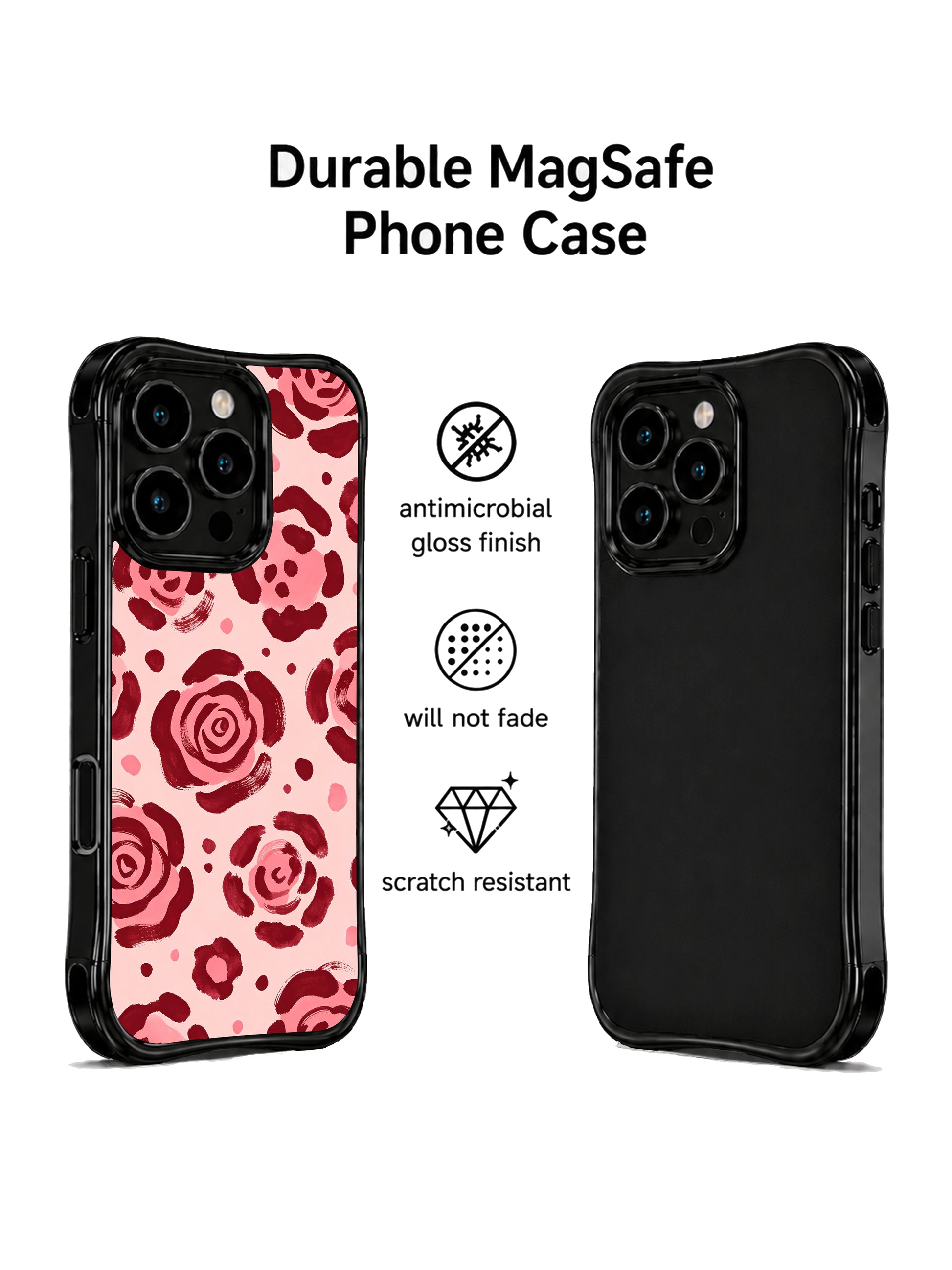 Macro close texture shot of PhoneCasing pink mist floral leopard iPhone 14 Pro Case, soft gradient blush inner spots wrapped in deep wine red brush borders, fade-proof museum-grade archival ink printing