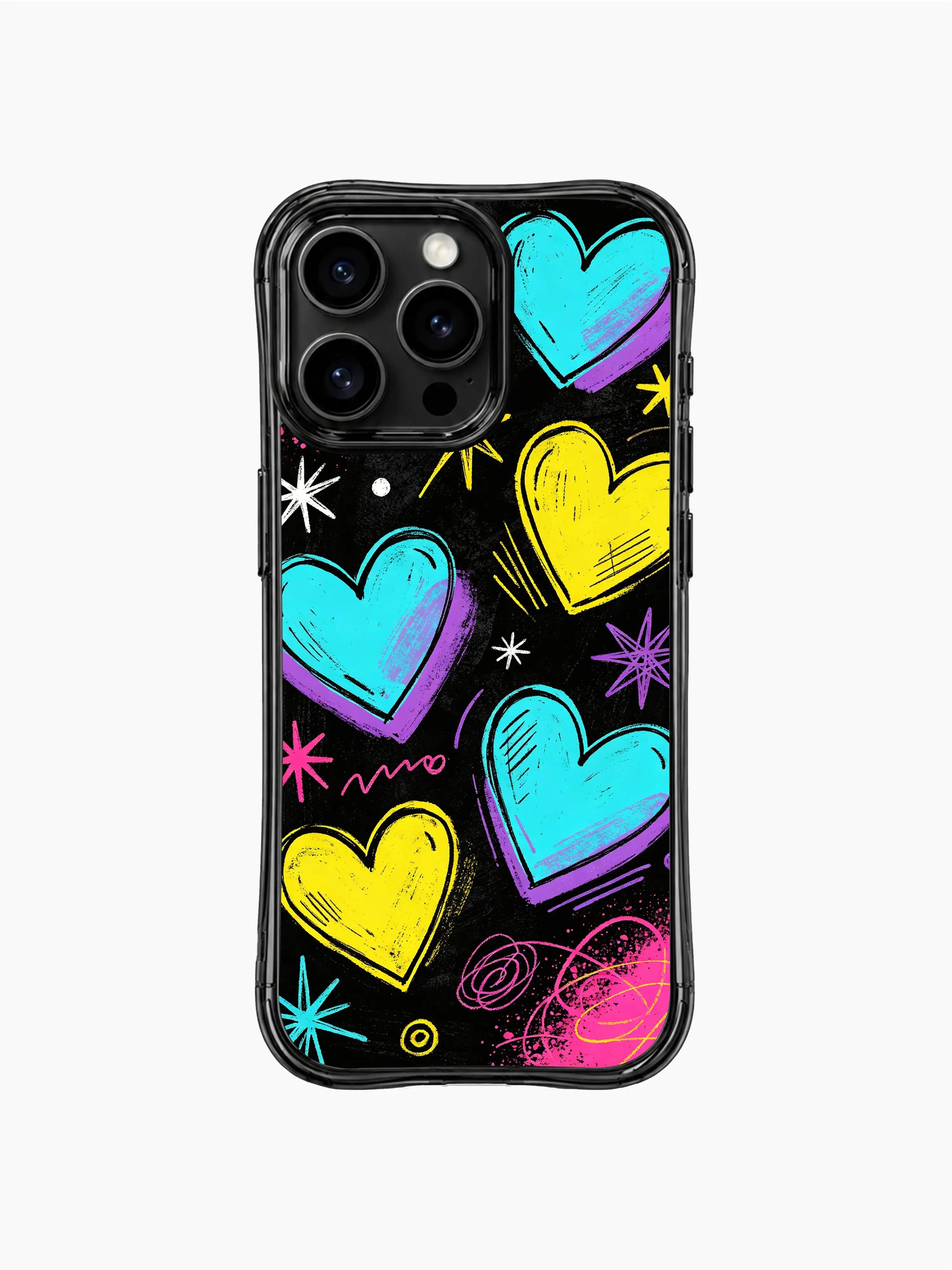 PhoneCasing Pink Noise Love iPhone 13 Pro Max case featuring hand drawn cyan yellow purple sketch hearts, messy scribble lines and pink spray paint noise splatters on textured grunge black base, cute chaotic pop art phone shell for teen women