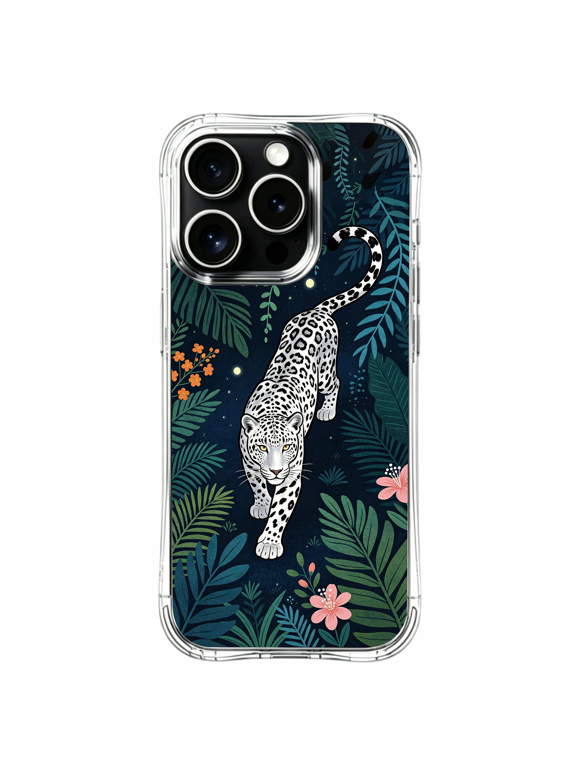 Blush pink & tangerine hibiscus blooms around silver night leopard iPhone 13 pro Case from PhoneCasing, slim see-through iPhone 13 pro casing with deep navy base, moody wild animal decorative phone cover.