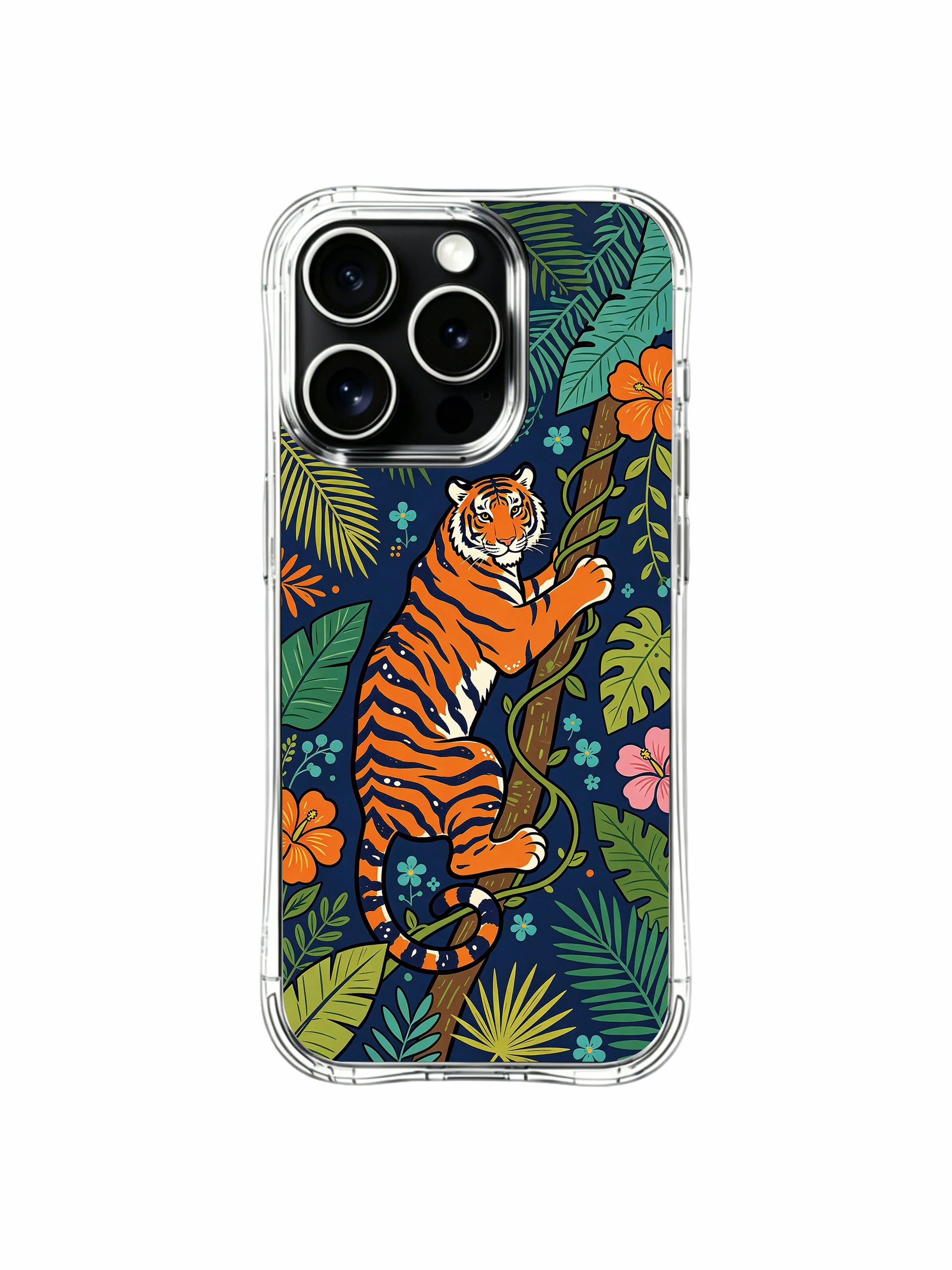 Pink and orange hibiscus bloom jungle tiger iPhone 13 pro Case from PhoneCasing, slim transparent iPhone 13 pro casing with dark navy base, vivid wildlife decorative phone cover.