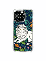 White lion with pink and orange blossoms artwork on an iPhone 13 Pro case