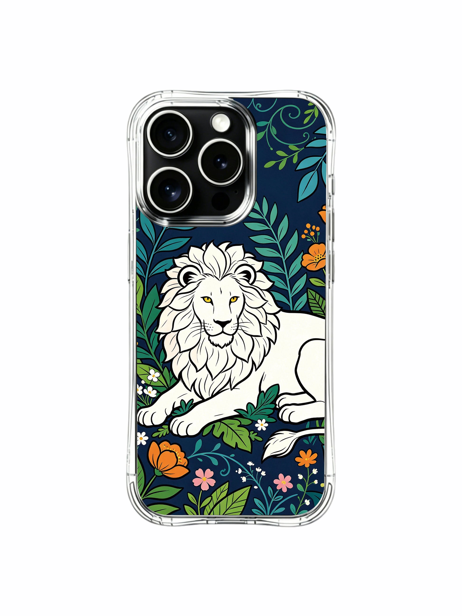Mix of blush pink & tangerine tropical blossoms blooming around navy garden white lion iPhone 13 pro Case from PhoneCasing, slim transparent iPhone 13 pro casing with deep indigo backdrop, warm affectionate wildlife phone cover.