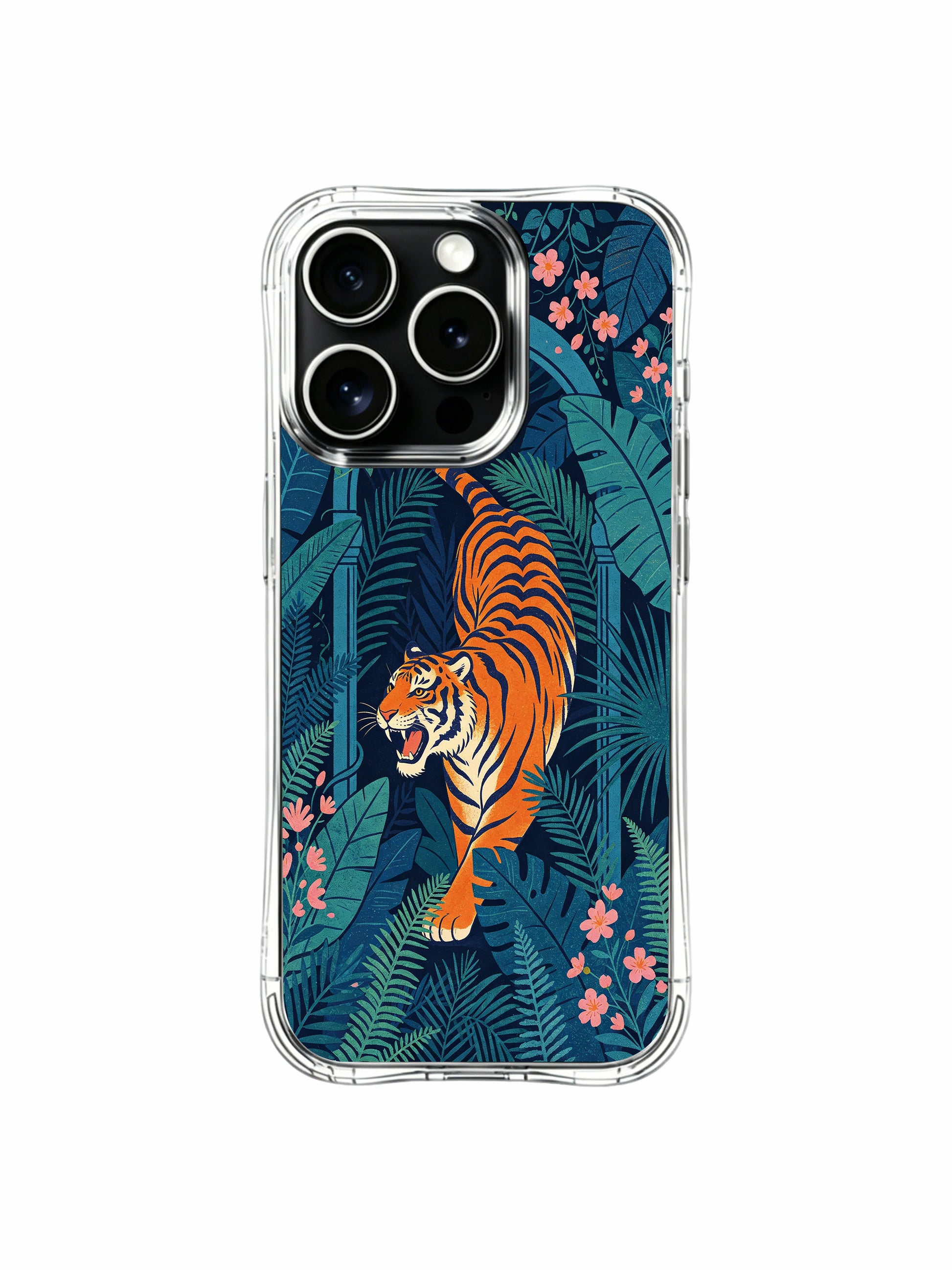 ：Mix of blush pink & tangerine lantern blossoms marking pathways inside dark navy leaf palace for roaming tiger iPhone 13 pro Case from PhoneCasing, slim transparent iPhone 13 pro casing with deep indigo jungle backdrop, warm adventurous wildlife phone cover.