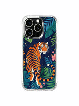 Mix of blush pink & tangerine wild flowers scattered beside starry night tiger iPhone 13 pro Case from PhoneCasing, slim transparent iPhone 13 pro casing with deep navy star sky, warm-toned inspirational wildlife phone cover.