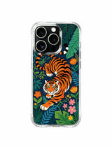 Mix of blush pink & tangerine garden blooms marking sacred sanctuary pathways inside dark navy leafy jungle for resting guardian tiger iPhone 13 pro Case from PhoneCasing, slim transparent iPhone 13 pro casing with deep indigo night-jungle backdrop, warm wild-life themed phone cover.