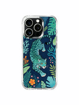 Blue spotted cat with pink and orange coral blooms artwork on an iPhone 13 Pro case