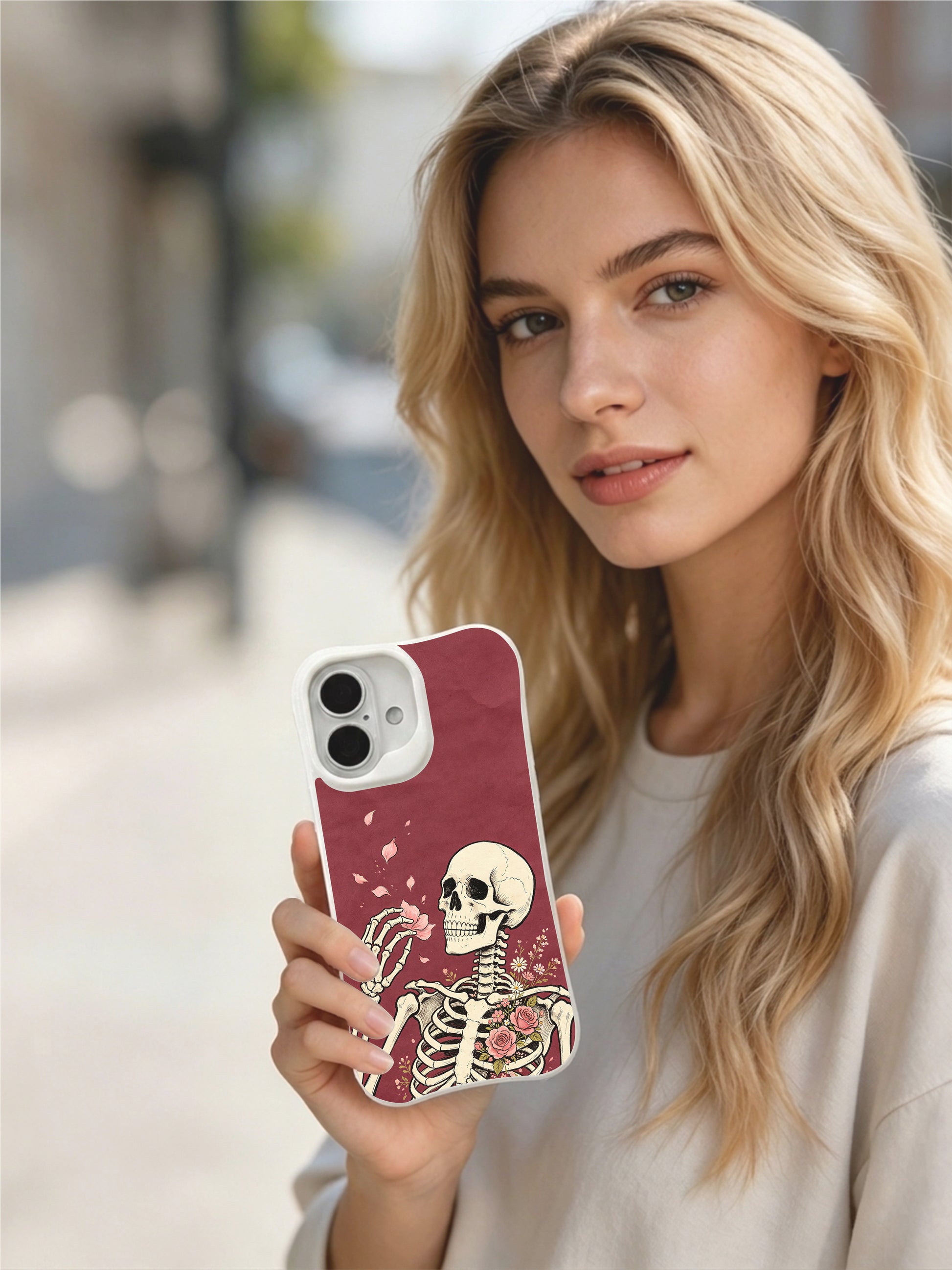 PhoneCasing Pink Petal Letter morbid botanical iPhone 16 Case, exclusive Morrigan Vale art with drifting rose petals and ribcage roses, fade proof custom printed protective iPhone 16 cover