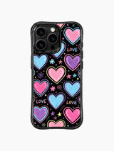 PhoneCasing iPhone 13 Pro Max cover with layered pink cyan lavender bubblegum hearts, hand drawn doodle street romance phone case.