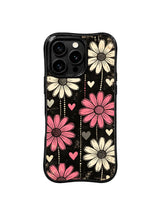 PhoneCasing iPhone 16 pro Case with full-bleed vertical dense daisy and dotted heart layout, Ruby Daze bold retro street pop design, slim lightweight wavy premium case.