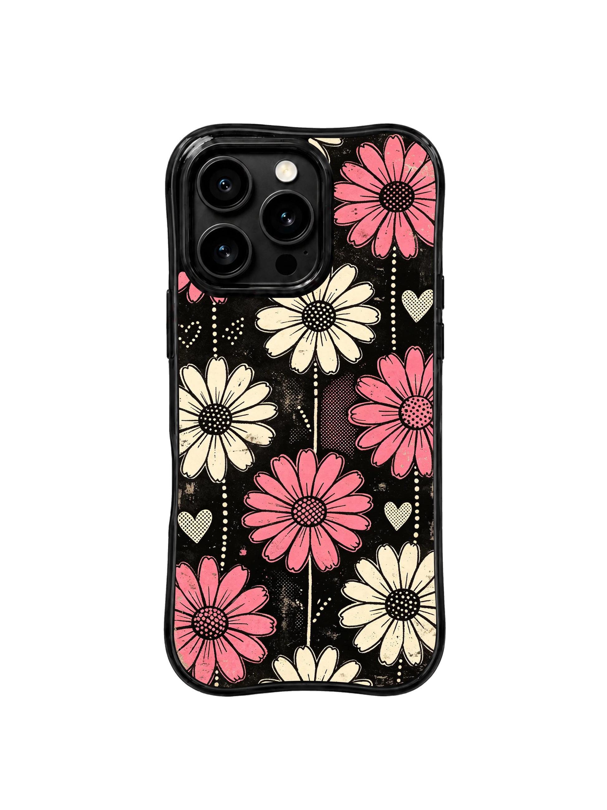 PhoneCasing iPhone 16 pro Case with city street vintage poster style vertical daisy composition, exclusive Ruby Daze artist collab design, heavy-duty wavy protective art case.