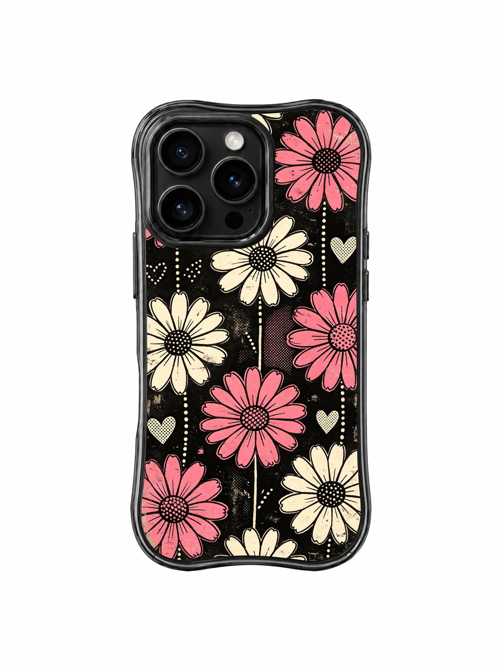PhoneCasing iPhone 16 pro Case featuring oversized vertical blush pink vintage daisies from Ruby Daze Pink Static Garden, wavy frame premium art casing for iPhone 16 pro.