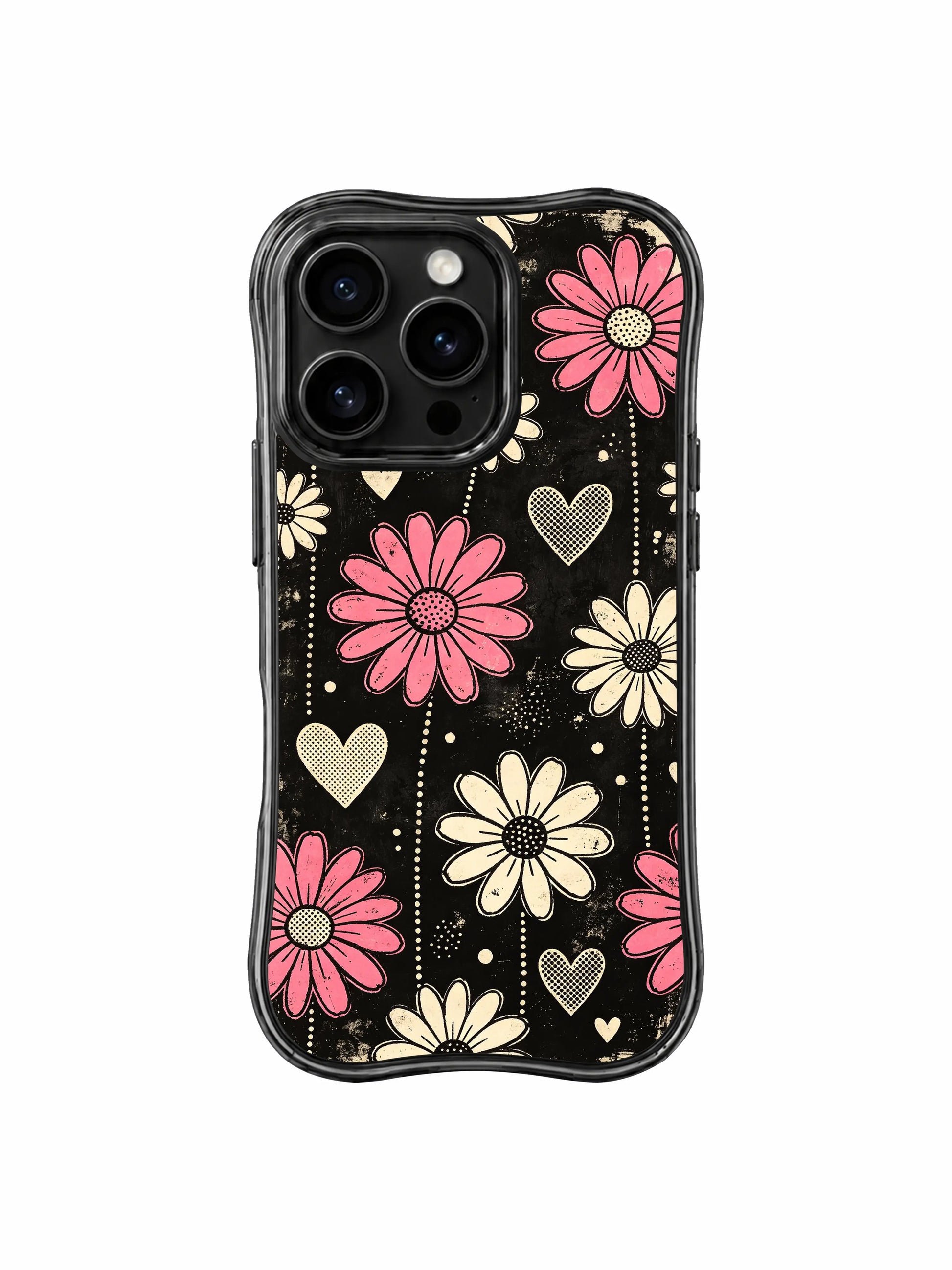 PhoneCasing iPhone 16 pro Case featuring oversized vertical blush pink vintage daisies from Ruby Daze Pink Static Garden, wavy frame premium art casing for iPhone 16 pro.