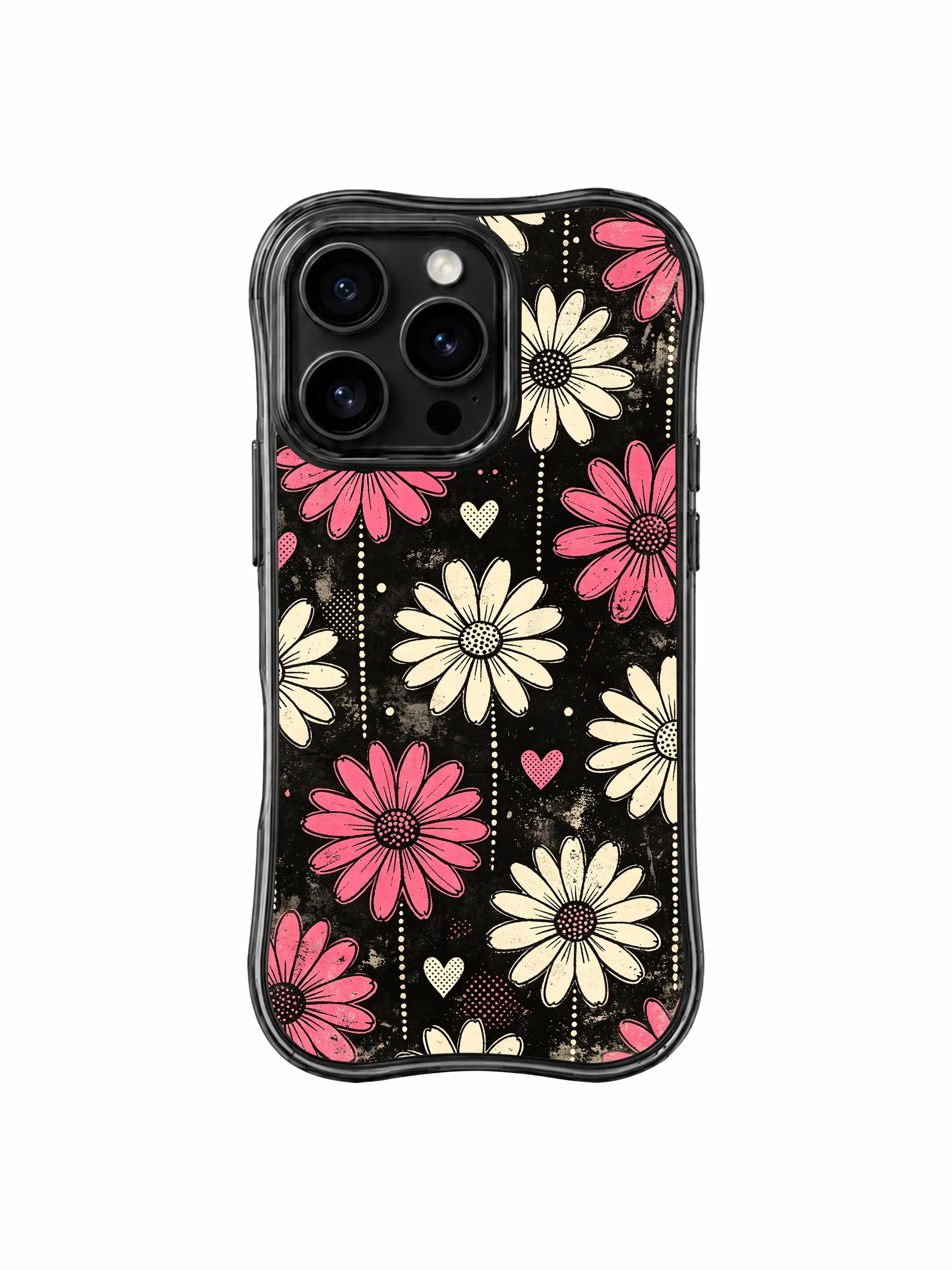 PhoneCasing iPhone 16 pro Case with bold open romantic vertical daisy graphics themed on unhidden inner joy, Ruby Daze Daisy Love Riot printed wavy art casing.