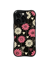 PhoneCasing iPhone 16 pro Case with soft cream vertical daisies layered over old TV static grain, Ruby Daze Pink Static Garden illustration, tough wavy premium phone casing.