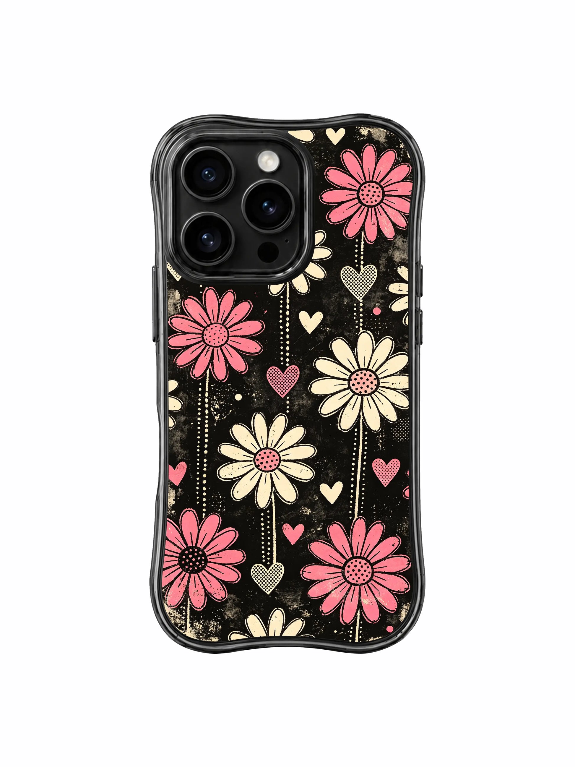 PhoneCasing iPhone 16 pro Case with soft cream vertical daisies layered over old TV static grain, Ruby Daze Pink Static Garden illustration, tough wavy premium phone casing.