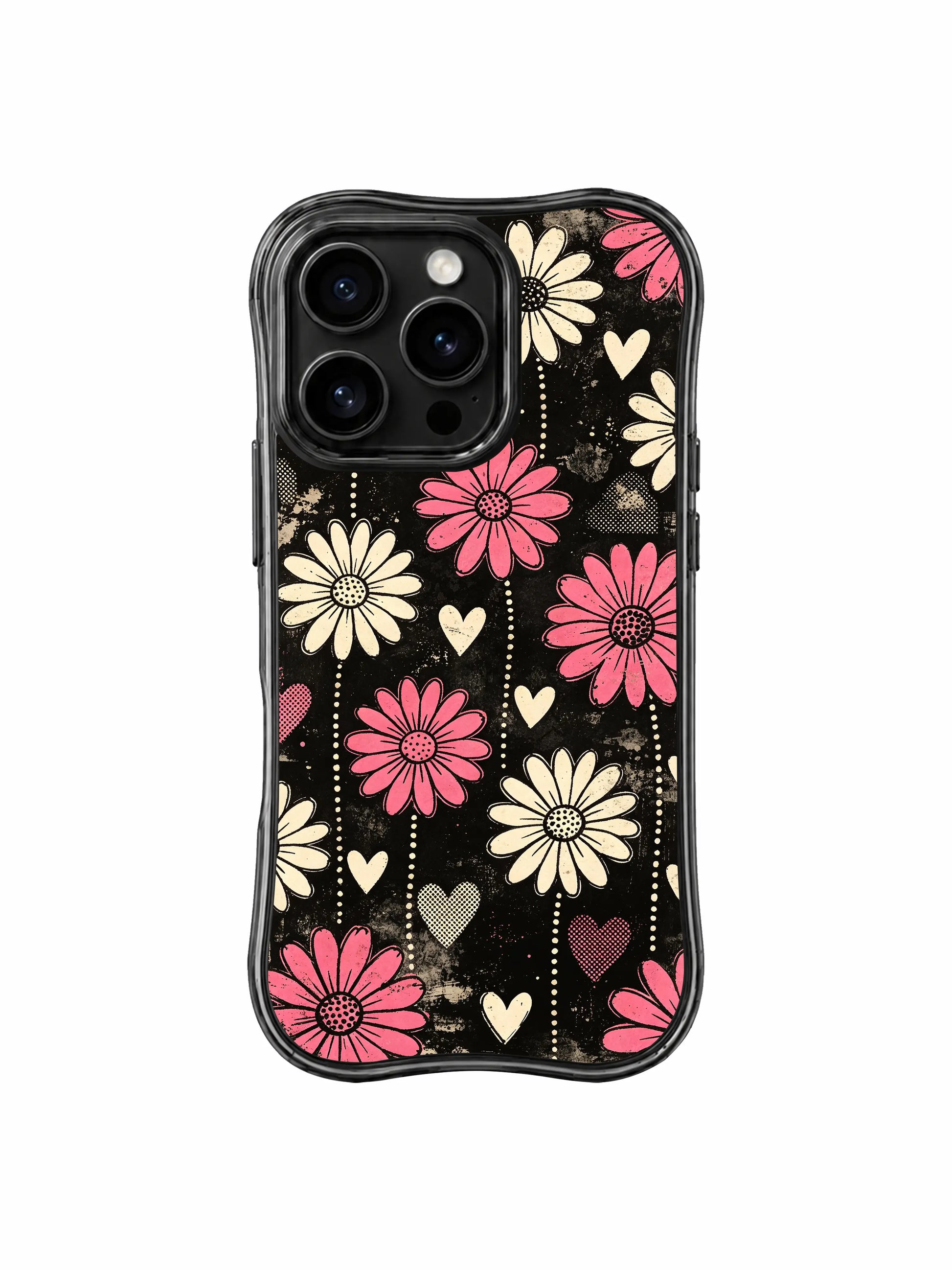 PhoneCasing iPhone 16 pro Case with edgy dark TV static grunge base paired with tender vertical pink daisy & heart artwork, Ruby Daze Pink Static Garden signature pop print, premium wearable wavy floral casing.