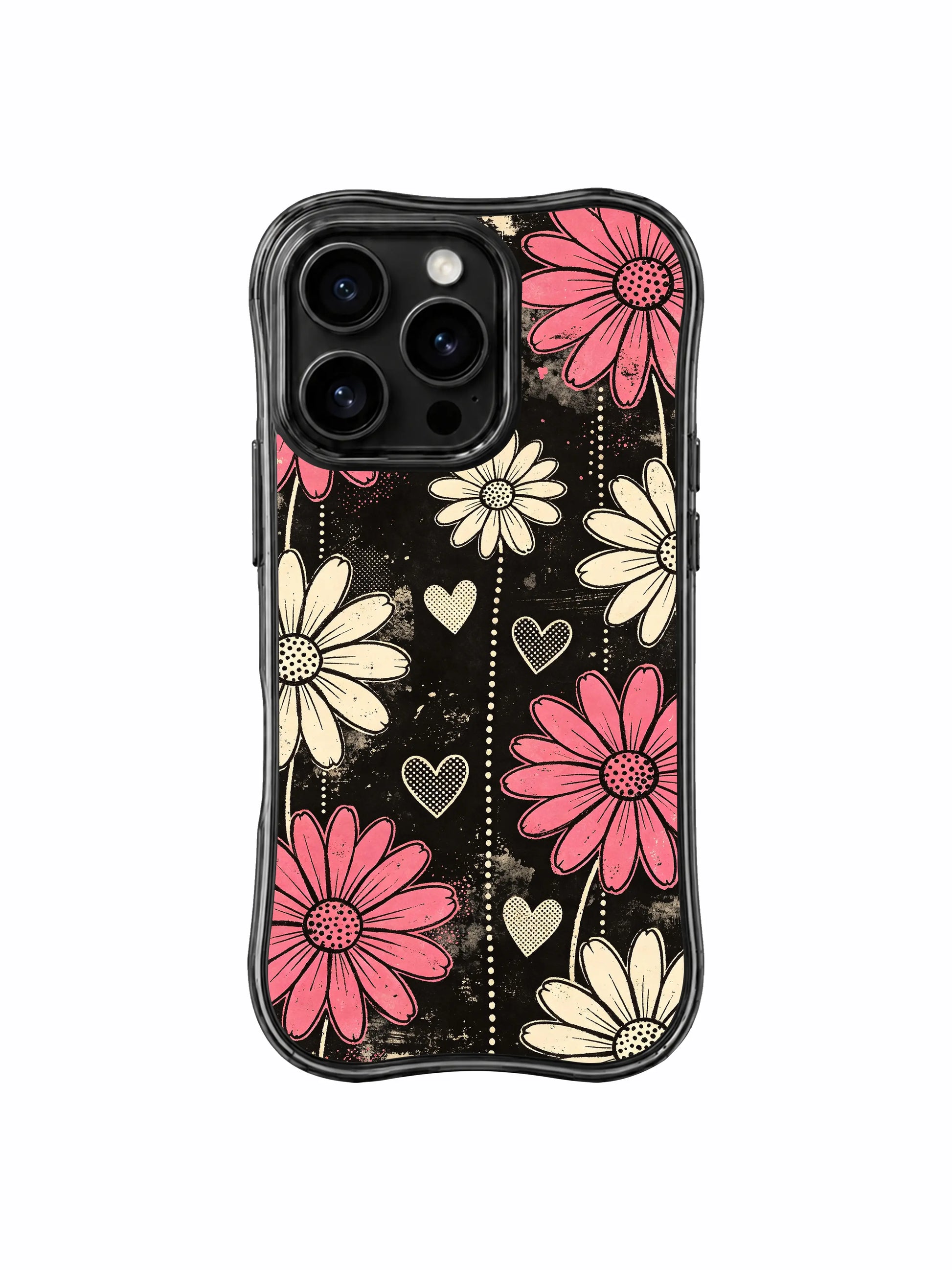 PhoneCasing iPhone 16 pro Case with full-bleed vertical dense daisy and dotted heart layout, Ruby Daze bold retro street pop design, slim lightweight wavy premium case.
