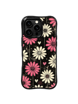 PhoneCasing iPhone 16 pro Case with vertical dotted trail lines and textured halftone heart shapes, Ruby Daze retro static daisy art, scratch-resistant wavy casing.