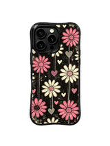 PhoneCasing iPhone 16 pro Case with rough imperfect grunge ink outlines around vertical daisy petals, Ruby Daze UV-printed street pop art, gallery-grade wavy print casing.