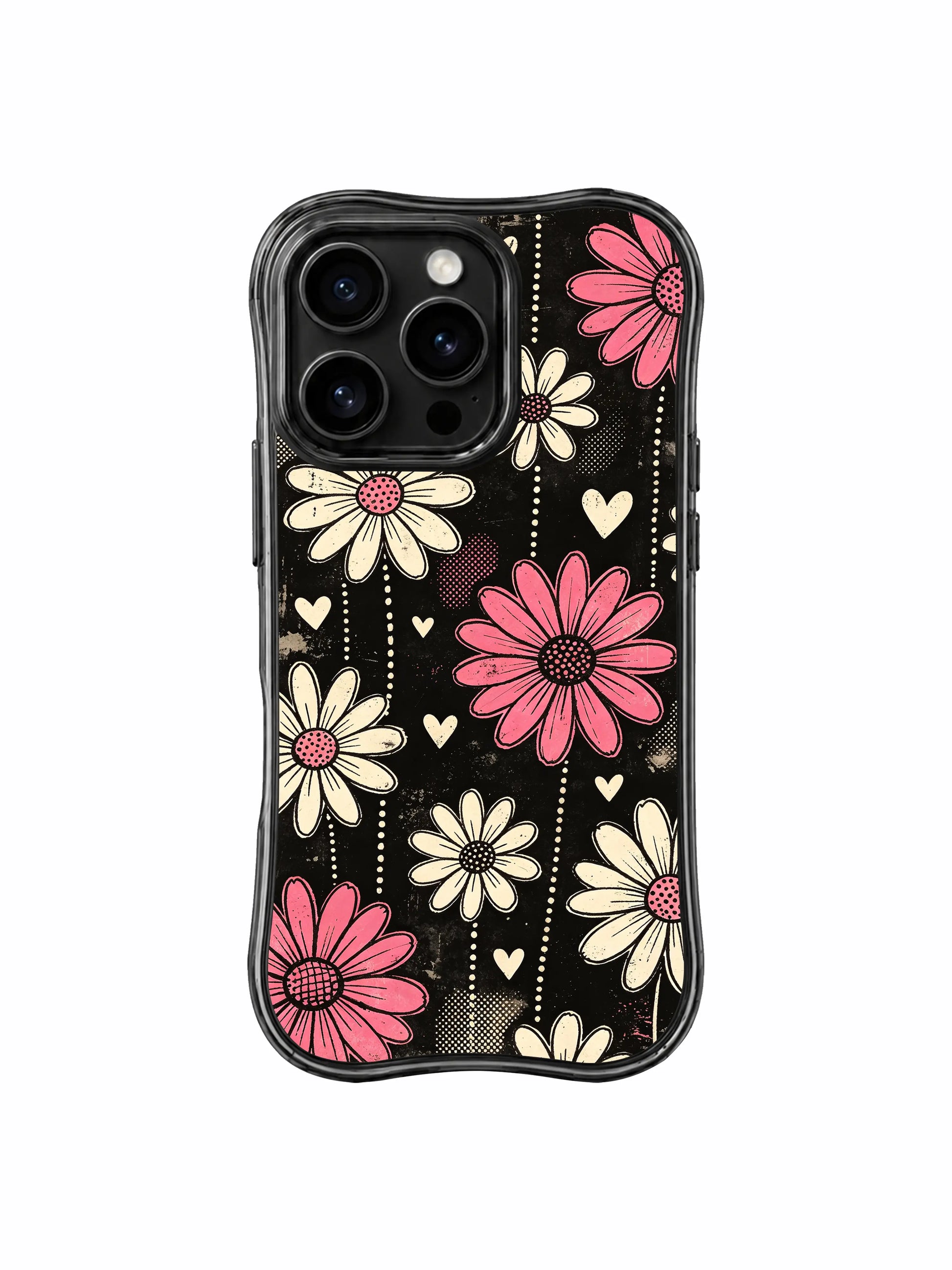 PhoneCasing iPhone 16 pro Case with city street vintage poster style vertical daisy composition, exclusive Ruby Daze artist collab design, heavy-duty wavy protective art case.