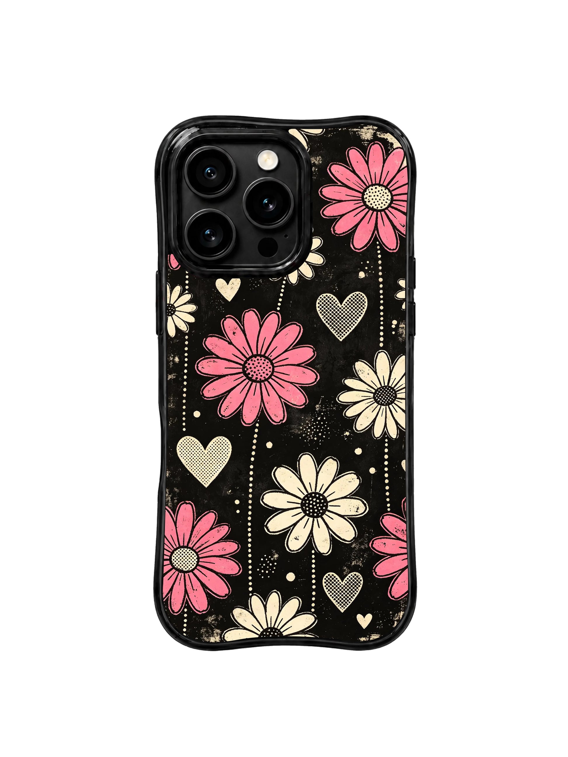 PhoneCasing iPhone 16 pro Case with muted vintage sepia distress wash across black static backdrop, playful Ruby Daze Pink Static Garden vertical floral design, stylish women’s wavy phone casing.