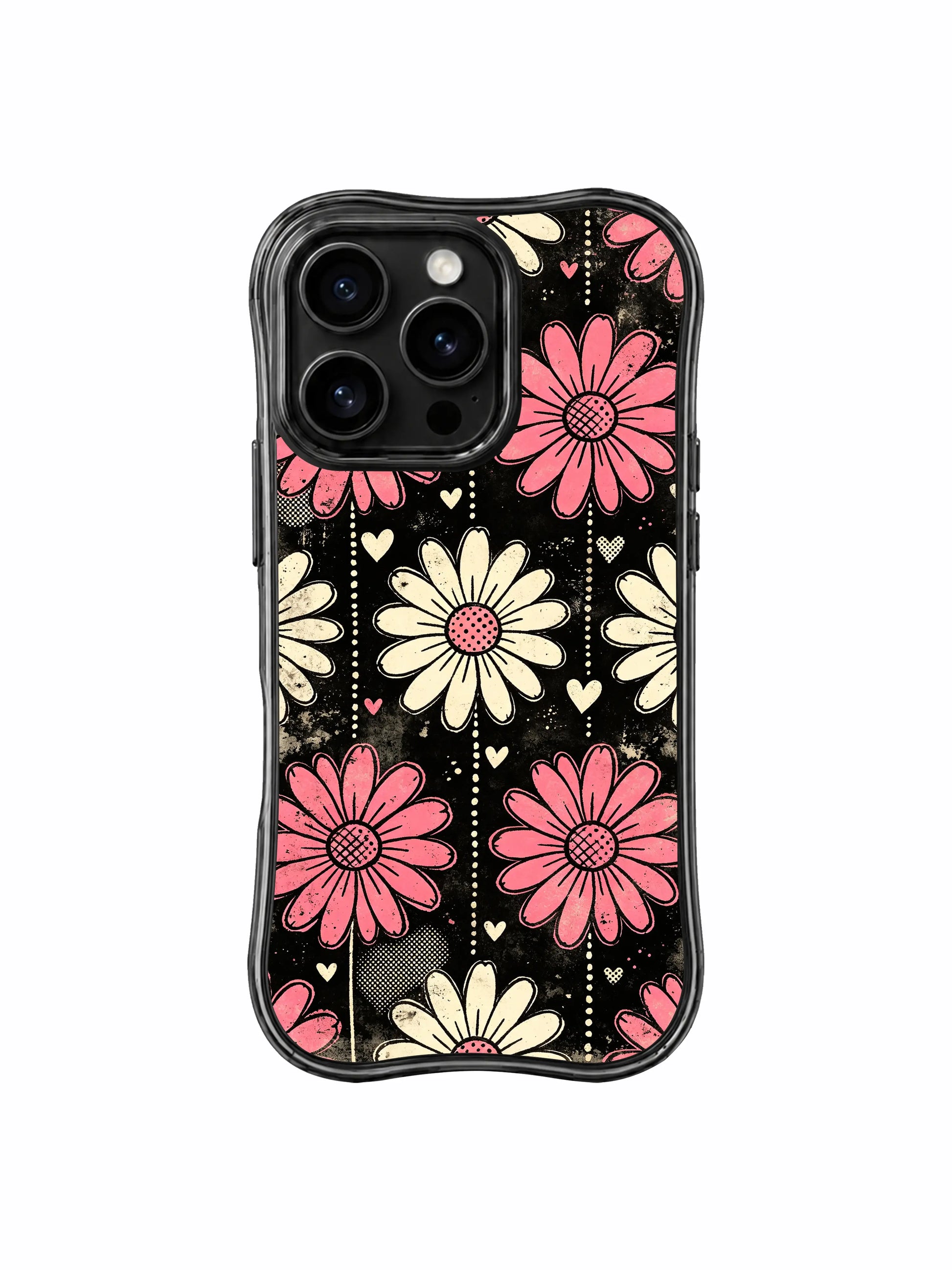 PhoneCasing iPhone 16 pro Case with muted vintage sepia distress wash across black static backdrop, playful Ruby Daze Pink Static Garden vertical floral design, stylish women’s wavy phone casing.