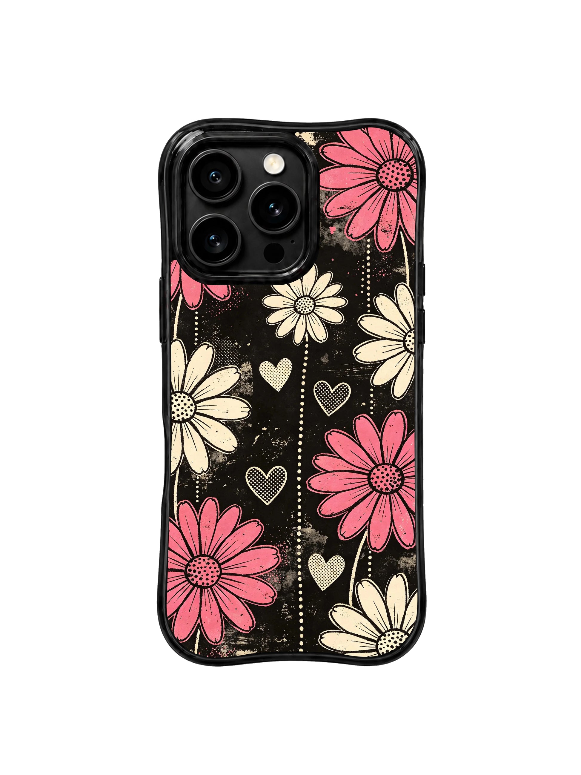 PhoneCasing iPhone 16 pro Case with authentic faded scratched vintage poster static grain, exclusive Ruby Daze Pink Static Garden wearable wavy frame art.