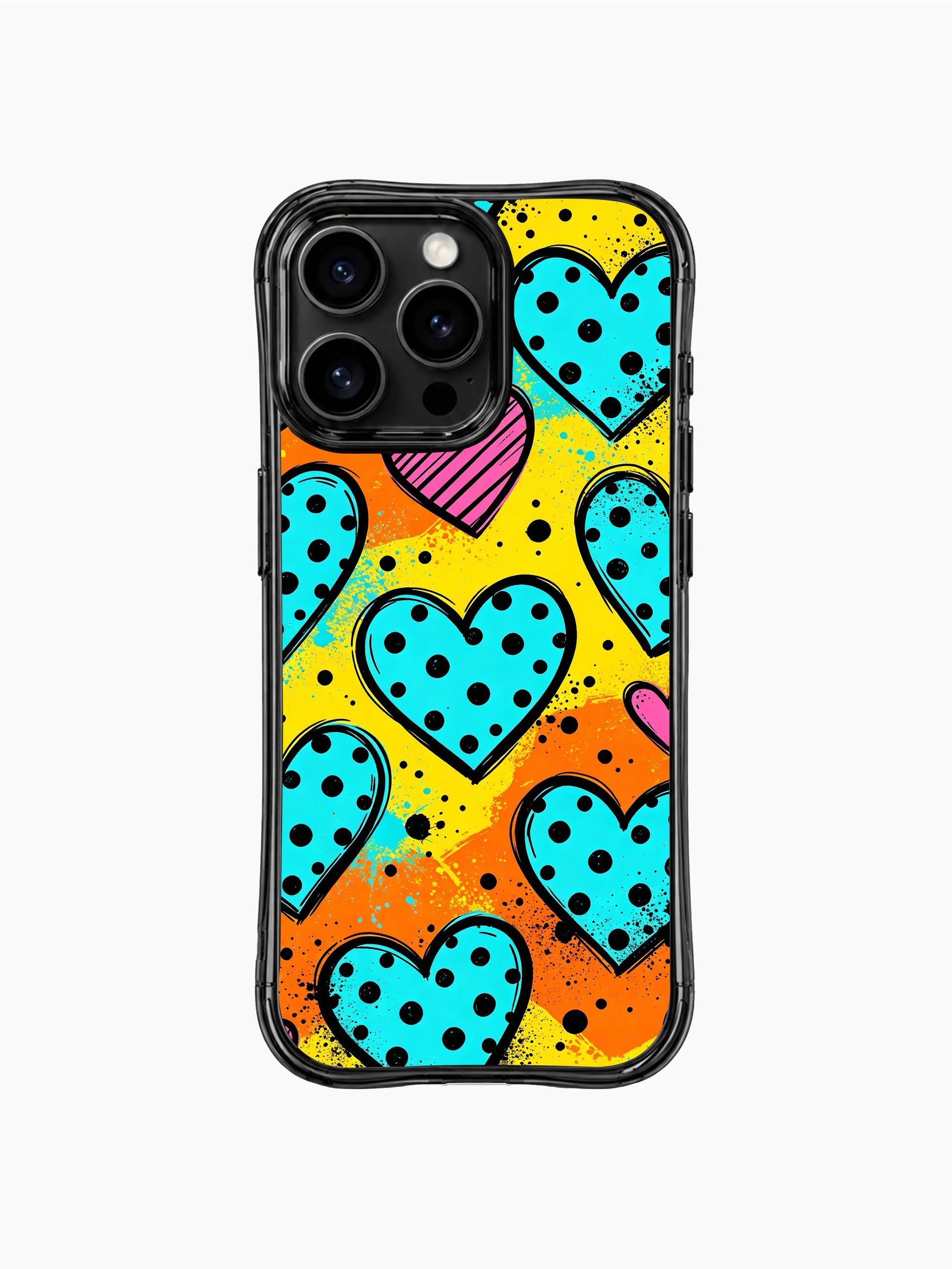 PhoneCasing iPhone 13 Pro Max case thin horizontal striped pink mini hearts scattered among big blue polka hearts, orange yellow color block pop canvas phone cover casing.