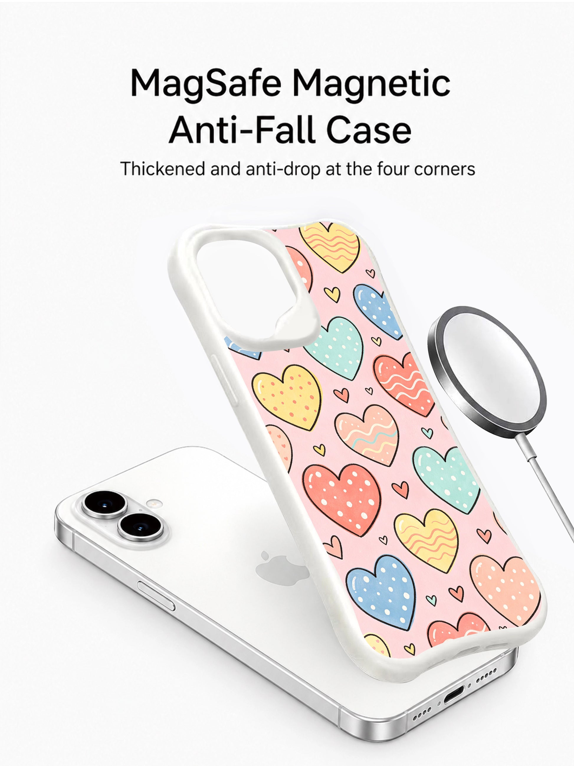 PhoneCasing Pink Wish Pattern Case for iPhone 16 Plus, a sweet iPhone 16 plus casing with pastel hearts and polka dots.