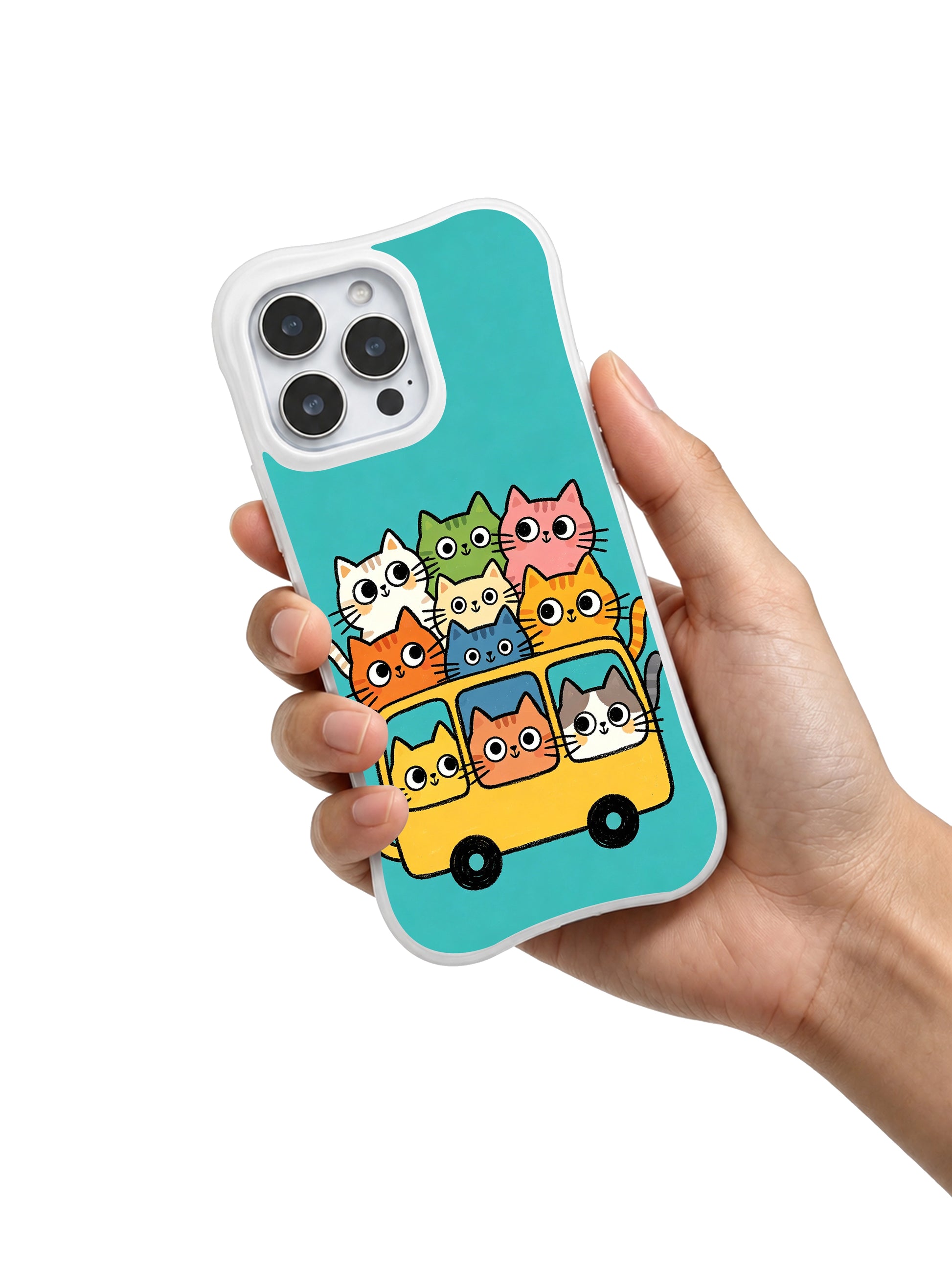 PhoneCasing iPhone 16 pro max scratch-resistant case featuring a playful design of cats on a cozy, crowded bus ride.