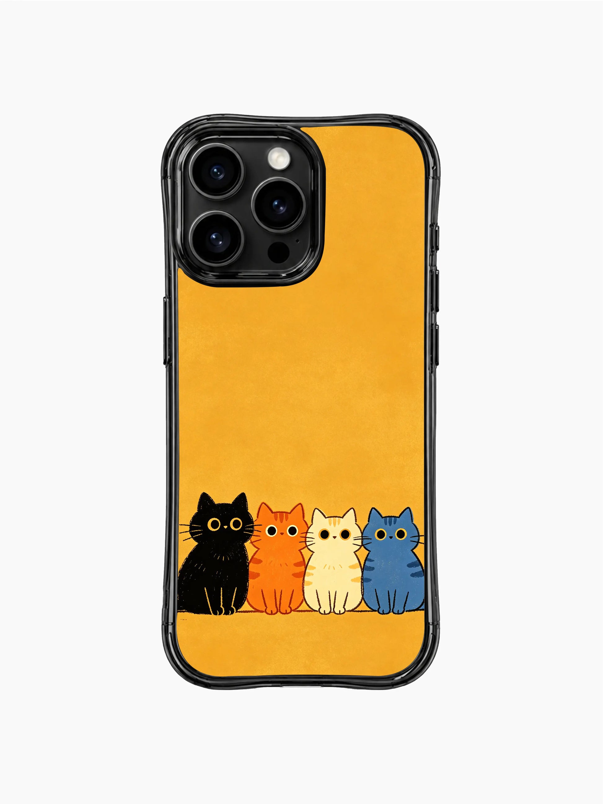PhoneCasing iPhone 16 pro max protective case with cats art, capturing a fun, theater-inspired mood against yellow.
