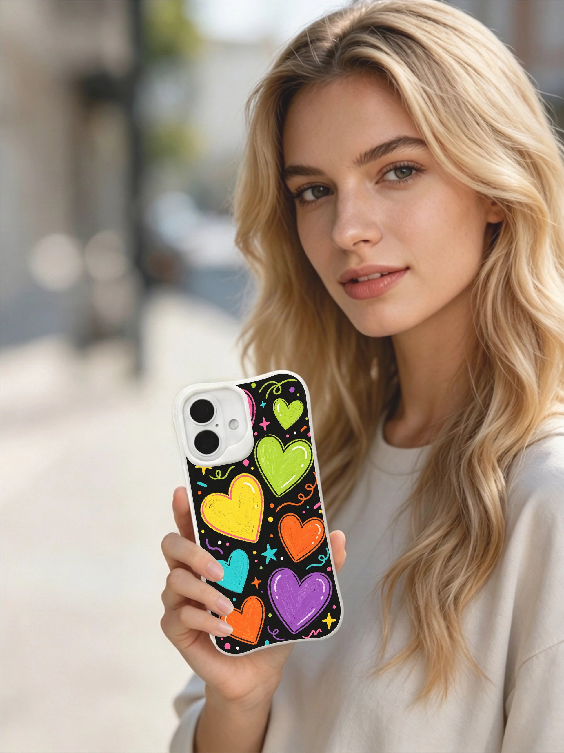 PhoneCasing playful confetti hearts iPhone 16 plus case with a bold black background. The vivid neon hearts and star details give this iphone 16 plus casing a cheerful, party-ready vibe.