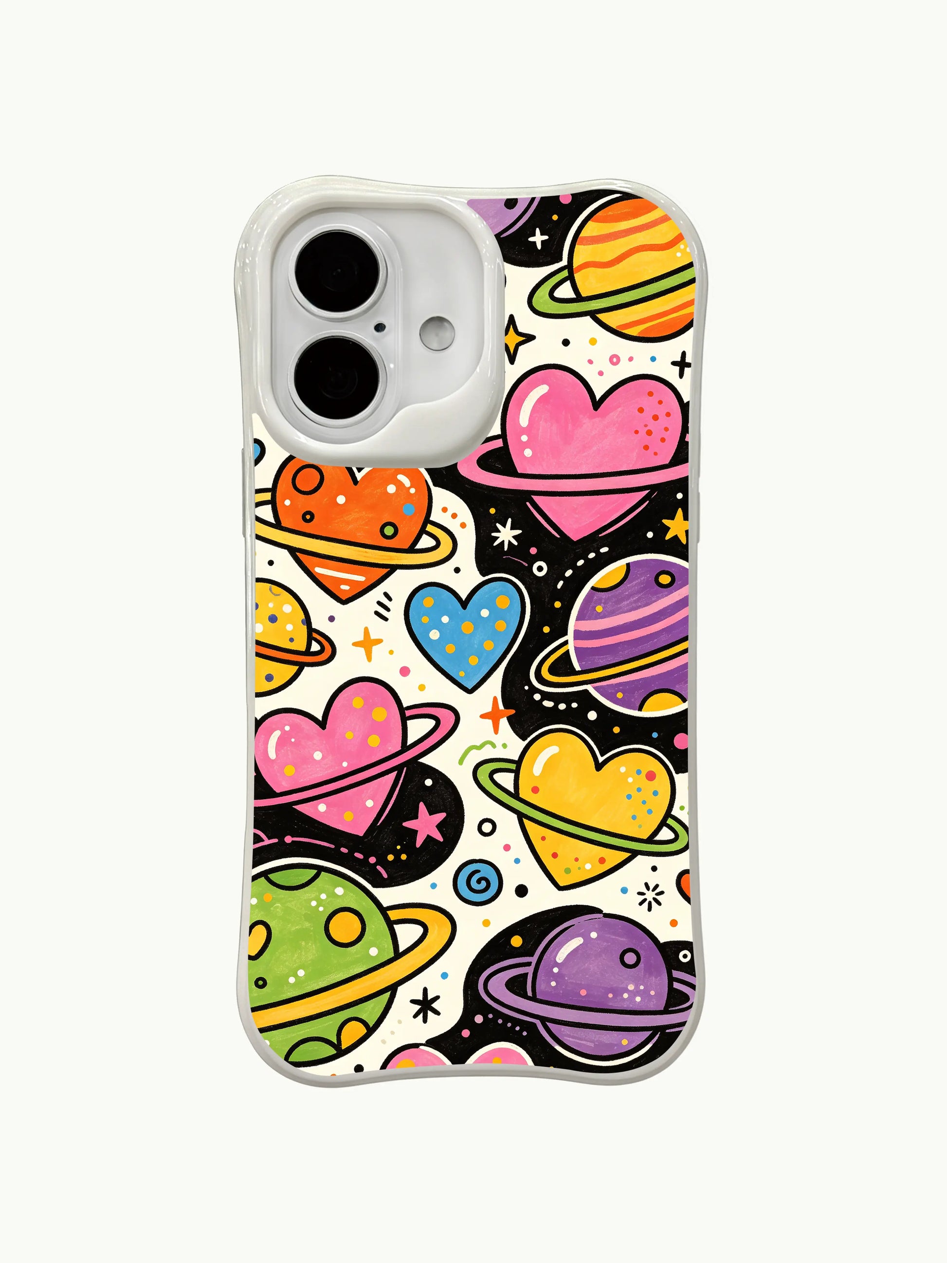 PhoneCasing Playful Galaxy Hearts Case for iPhone 16 Plus, a playful iPhone 16 plus casing with heart planets and retro cosmic details.