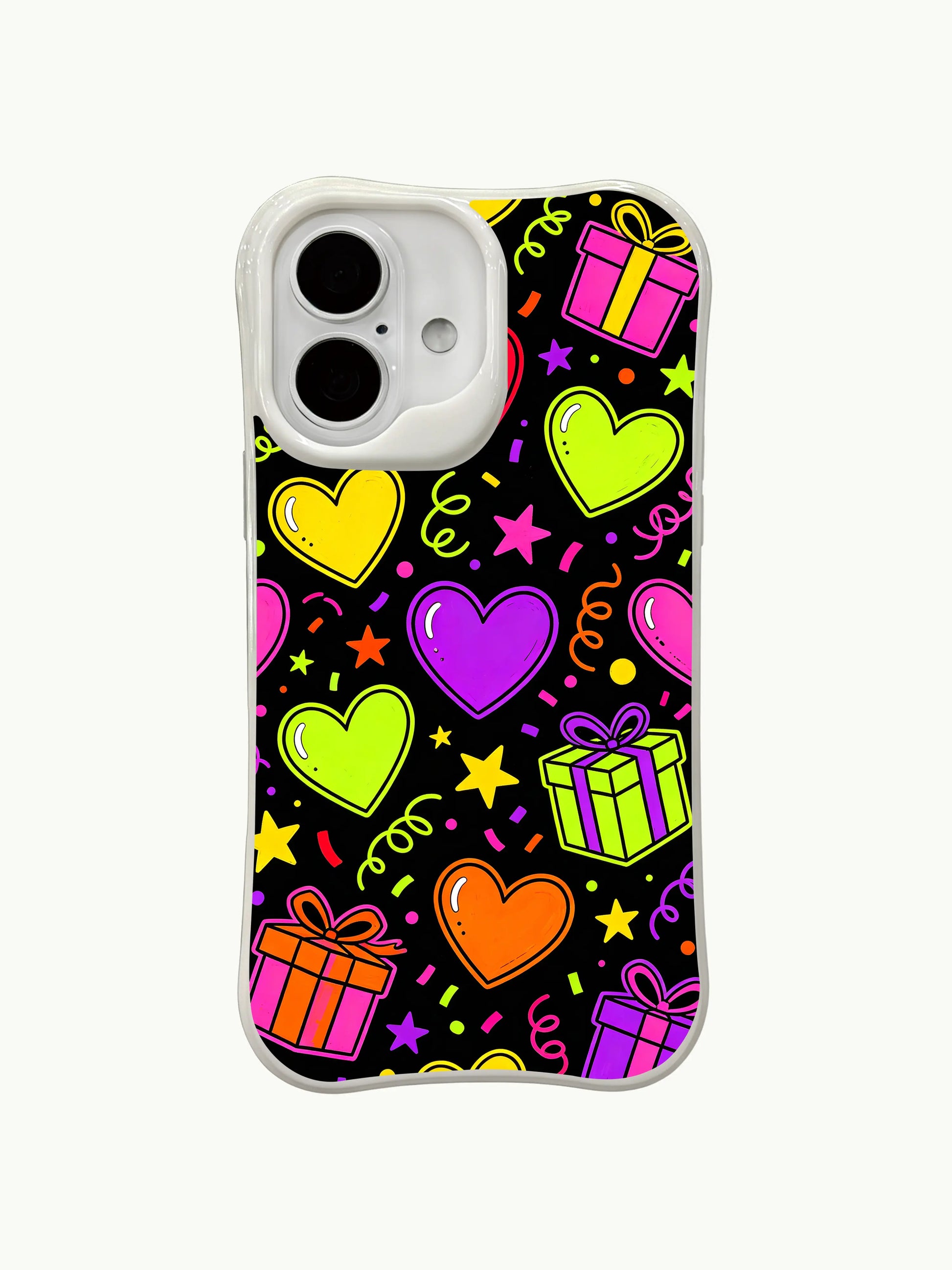 PhoneCasing playful gift hearts iPhone 16 plus case, charming handcrafted art locally produced in California.